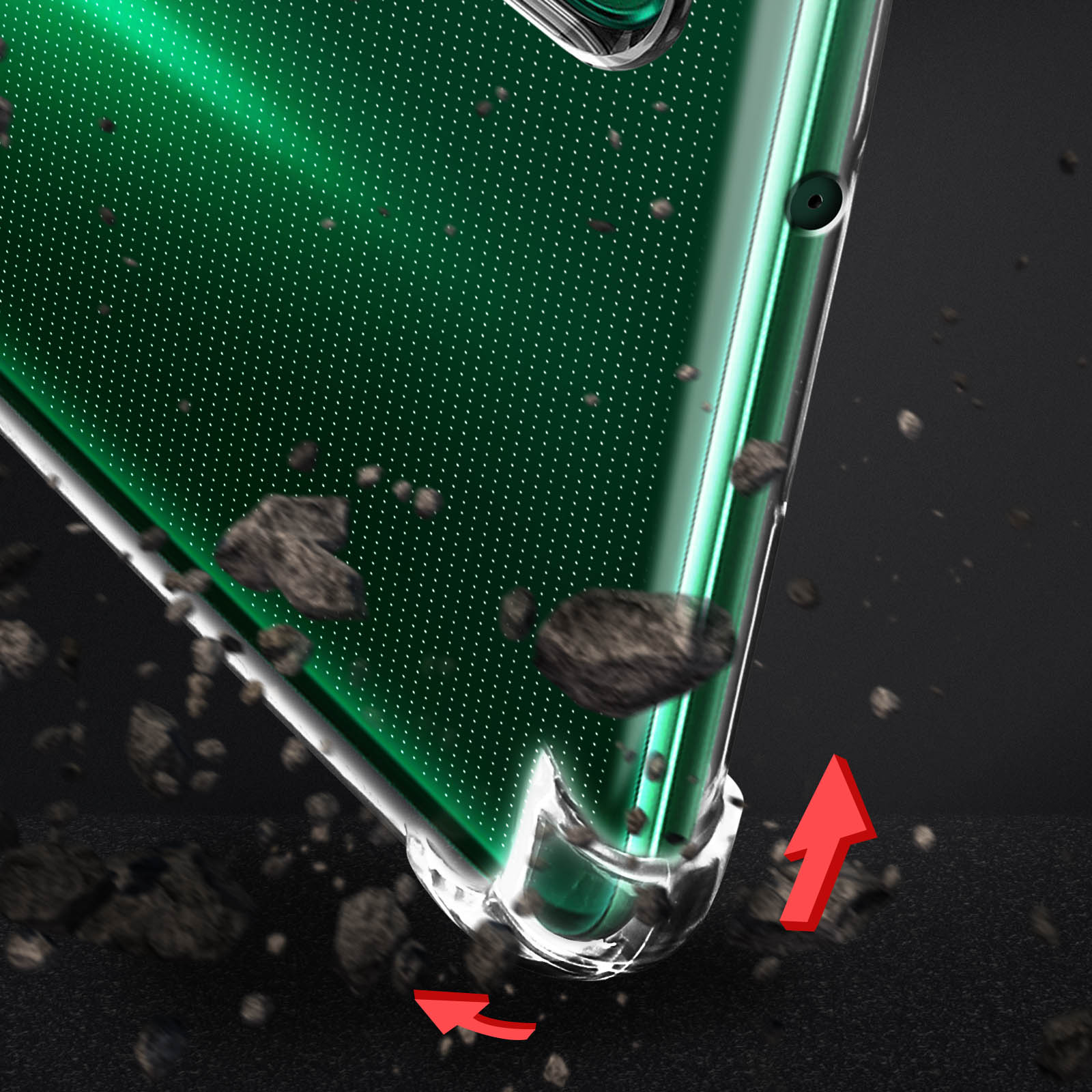 Primo piano di una custodia per telefono, che mostra l'angolo. Frecce e detriti intorno.