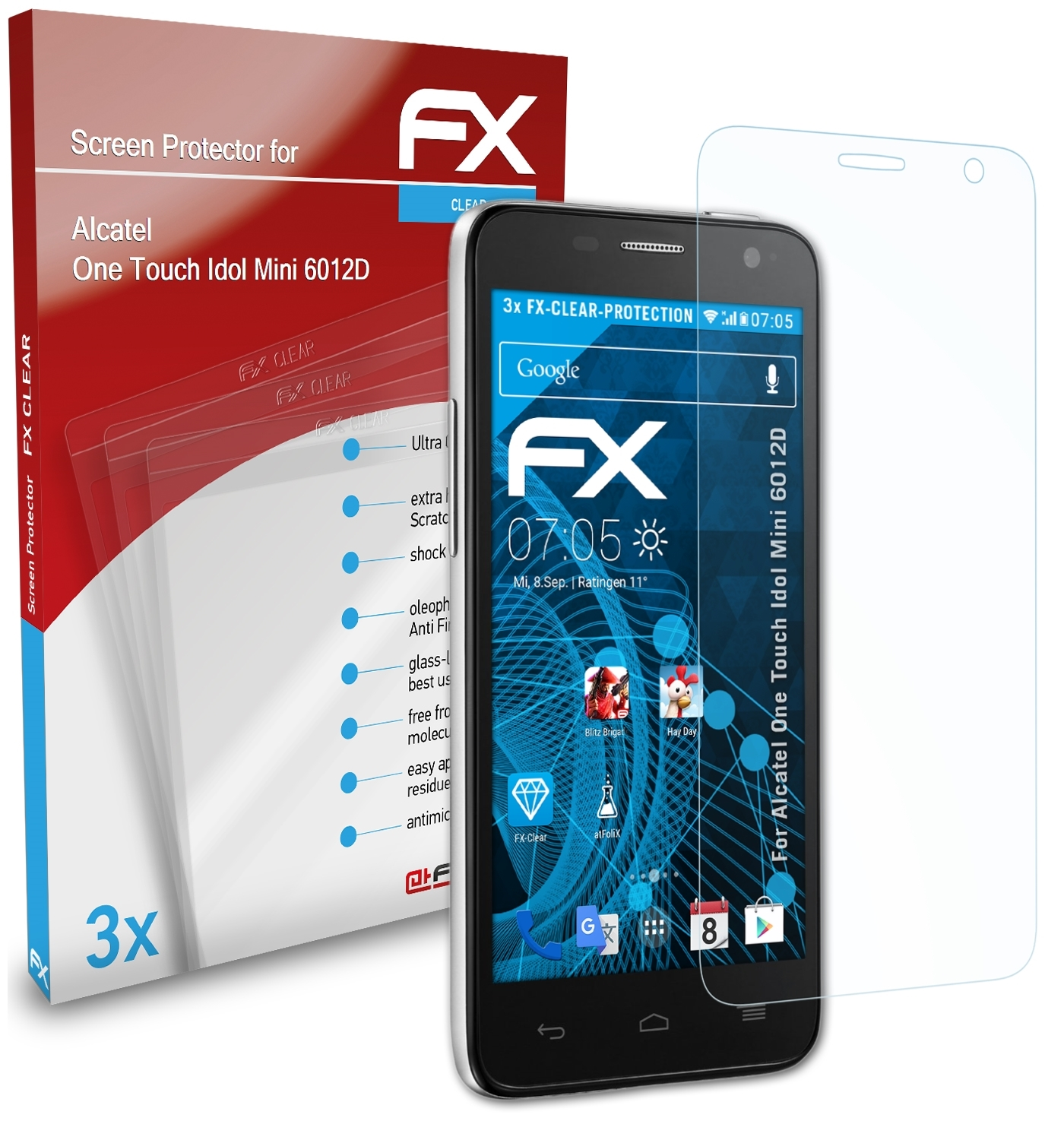 ATFOLIX 3x FX-Clear Displayschutz(für Mini One Alcatel Touch (6012D)) Idol