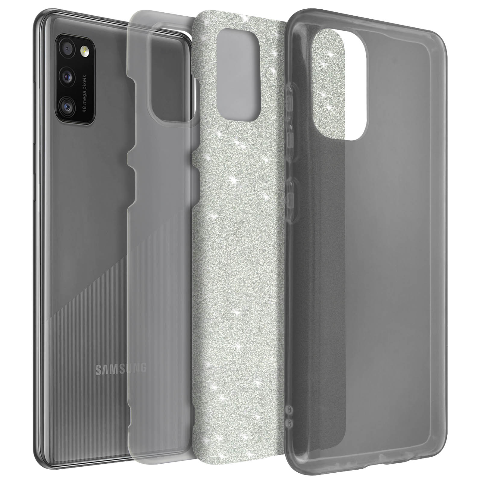 Telefoon met doorzichtige, glitterende hoes. De hoes is in drie delen en de telefoon links.
