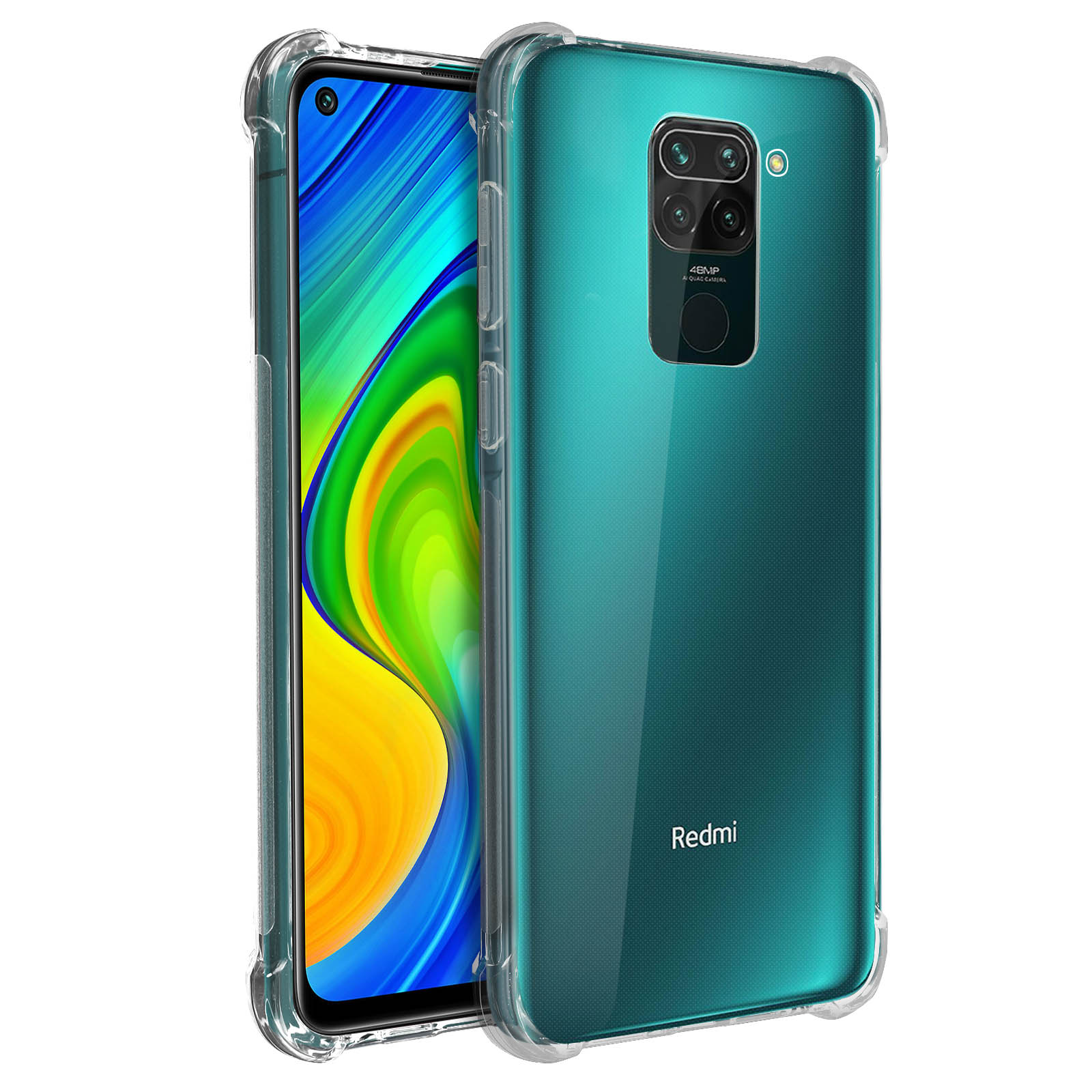 Telefono verde con custodia protettiva trasparente. Il telefono mostra uno sfondo colorato.