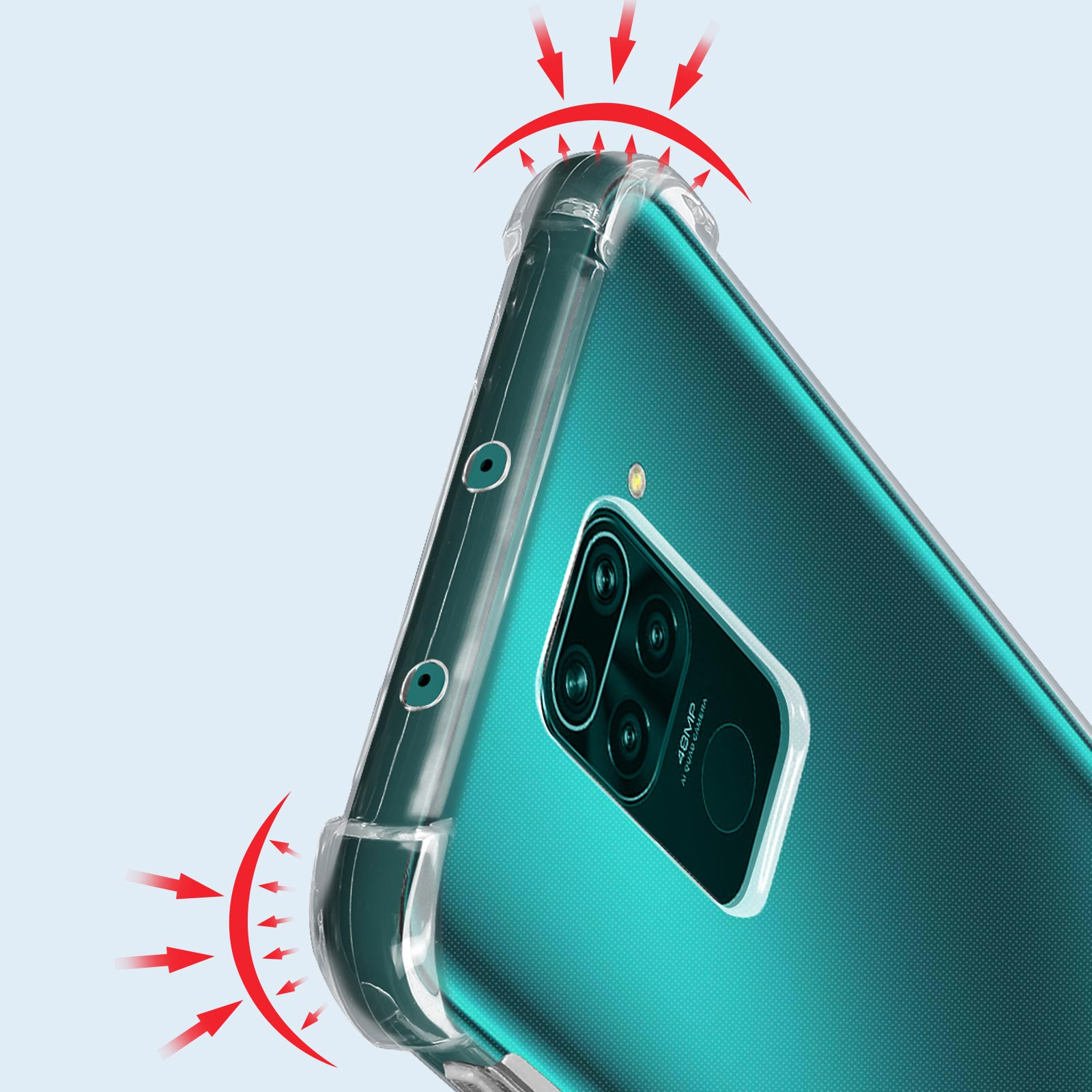 Primo piano di un telefono in una custodia trasparente, con indicatori di protezione dagli urti.