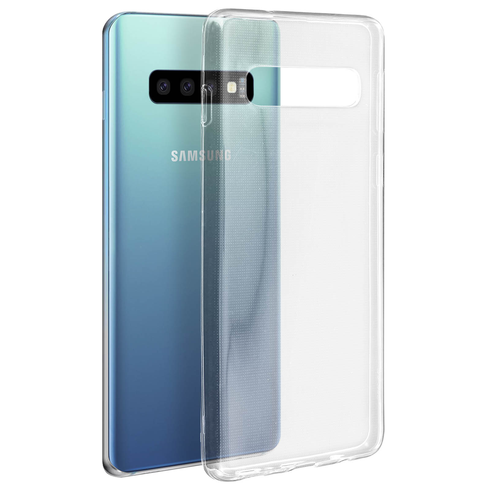 Telefono con custodia trasparente. Il telefono ha una custodia e il logo Samsung.