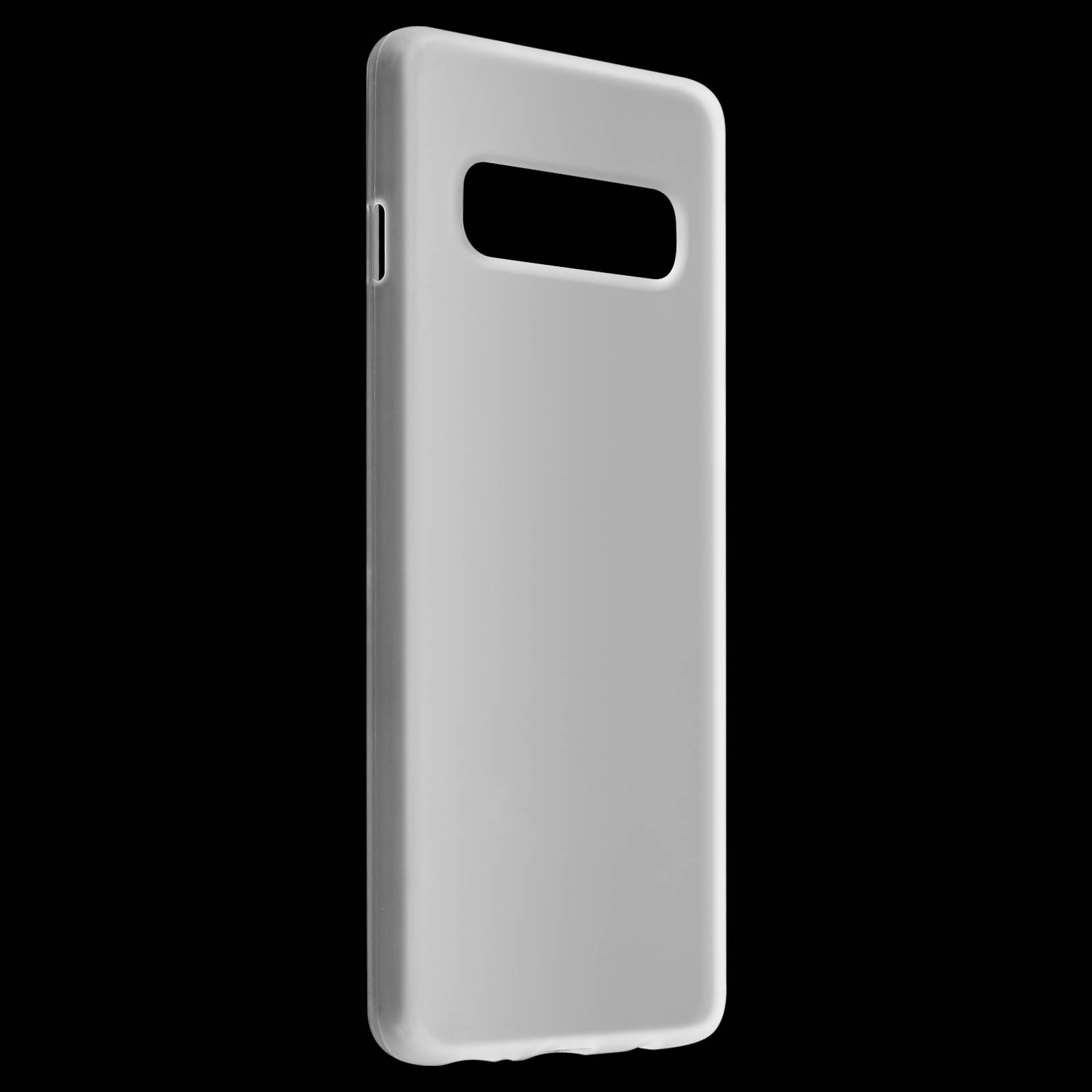 Una custodia per telefono grigio chiaro con un ampio ritaglio per la fotocamera e un foro rettangolare. Sfondo nero.