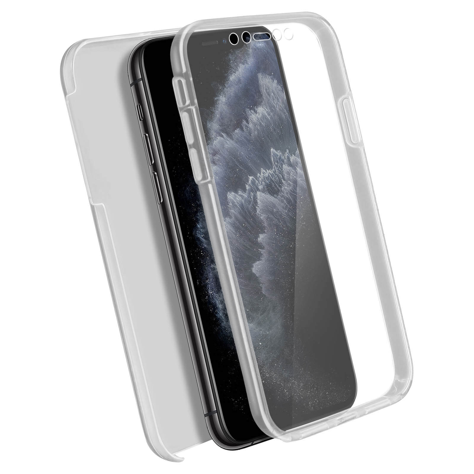 Transparante telefoonhoesjes, een die gedeeltelijk een telefoon bedekt. De telefoon binnenin is zwart.