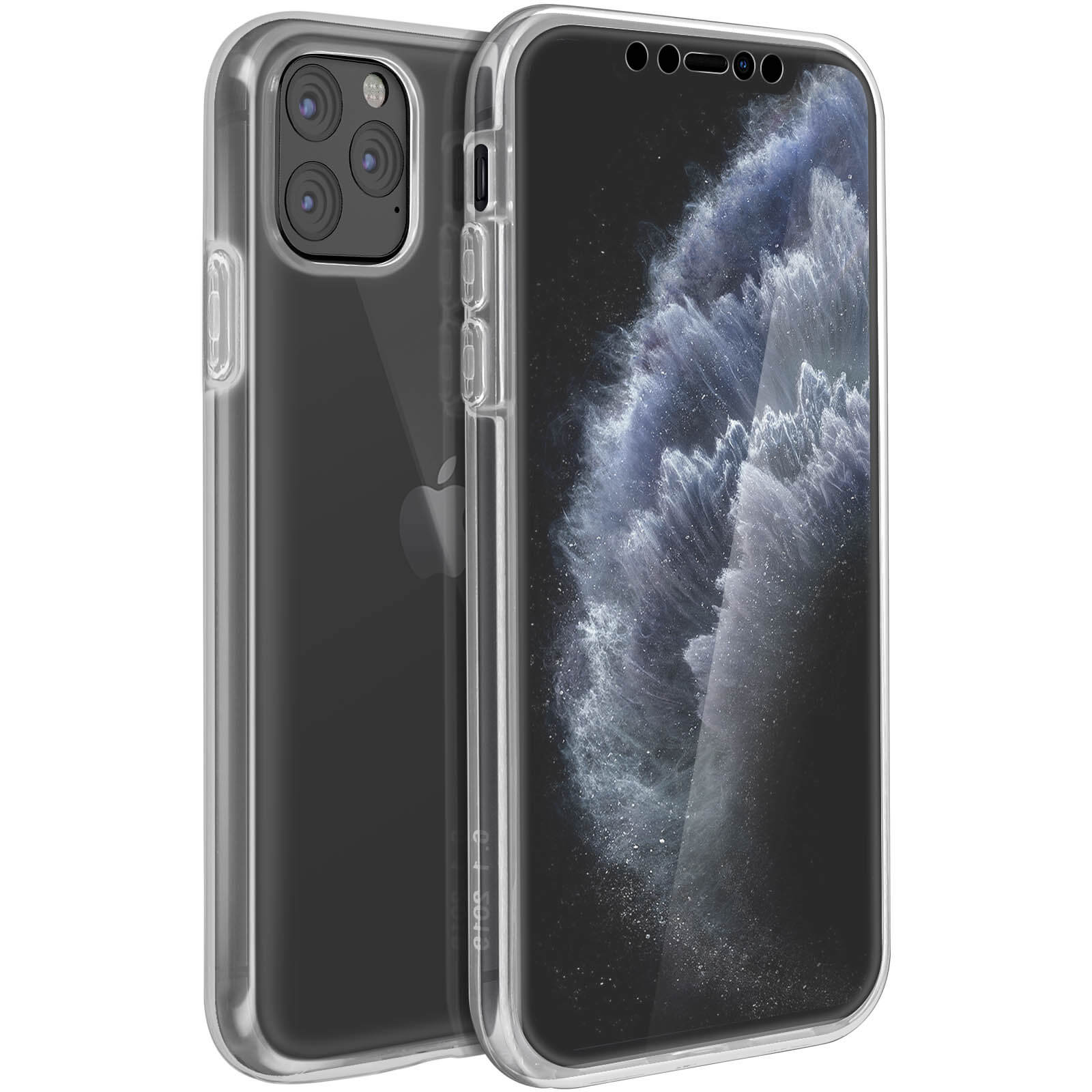 Een telefoon wordt getoond in een doorzichtig hoesje. Het scherm van de telefoon is zichtbaar. De achtergrond is wazig.