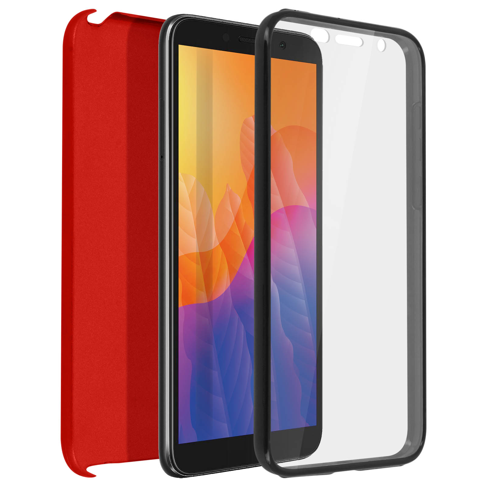 Un telefono con protezione schermo e custodia rossa. Il telefono è nero con protezione schermo.