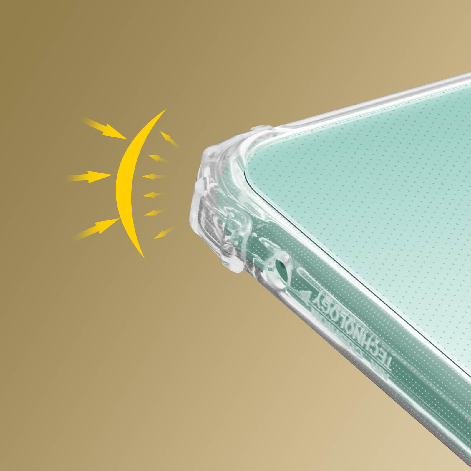 Angolo della custodia del telefono con raggi di luce. Superficie verde a pois sul telefono.