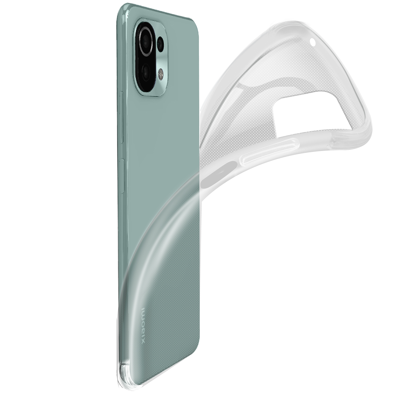 Custodia verde con logo Xiaomi e cover trasparente. Sfondo bianco.