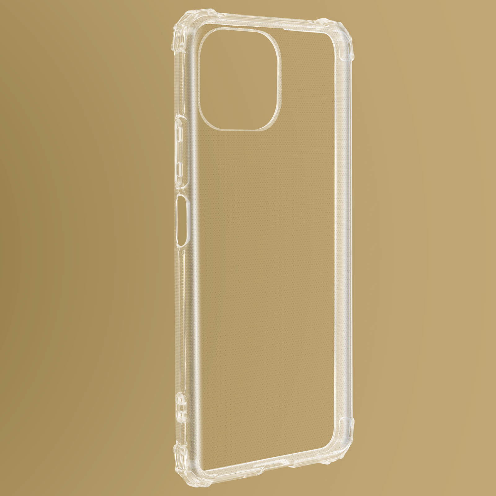 Una custodia per telefono trasparente con motivo a nido d'ape. Su uno sfondo color oro.