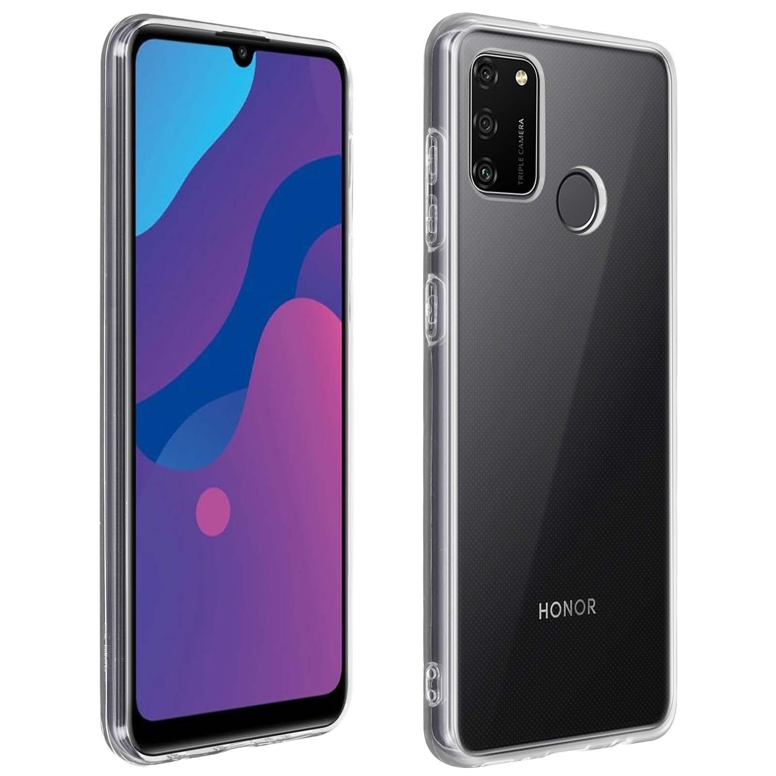 Téléphone avec coque transparente. Le téléphone est bleu et violet. Fond blanc.