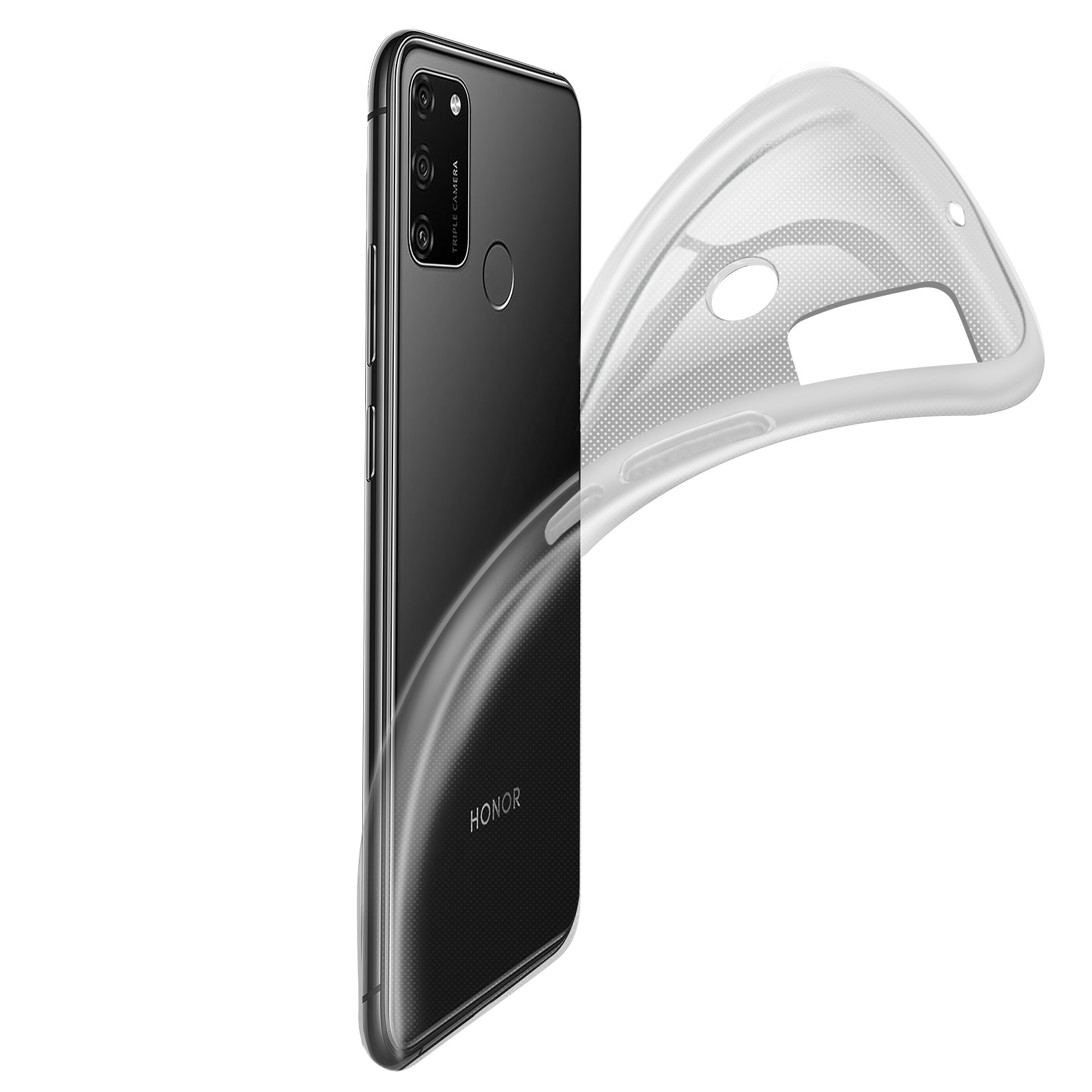 Téléphone noir avec coque transparente. Fond blanc.