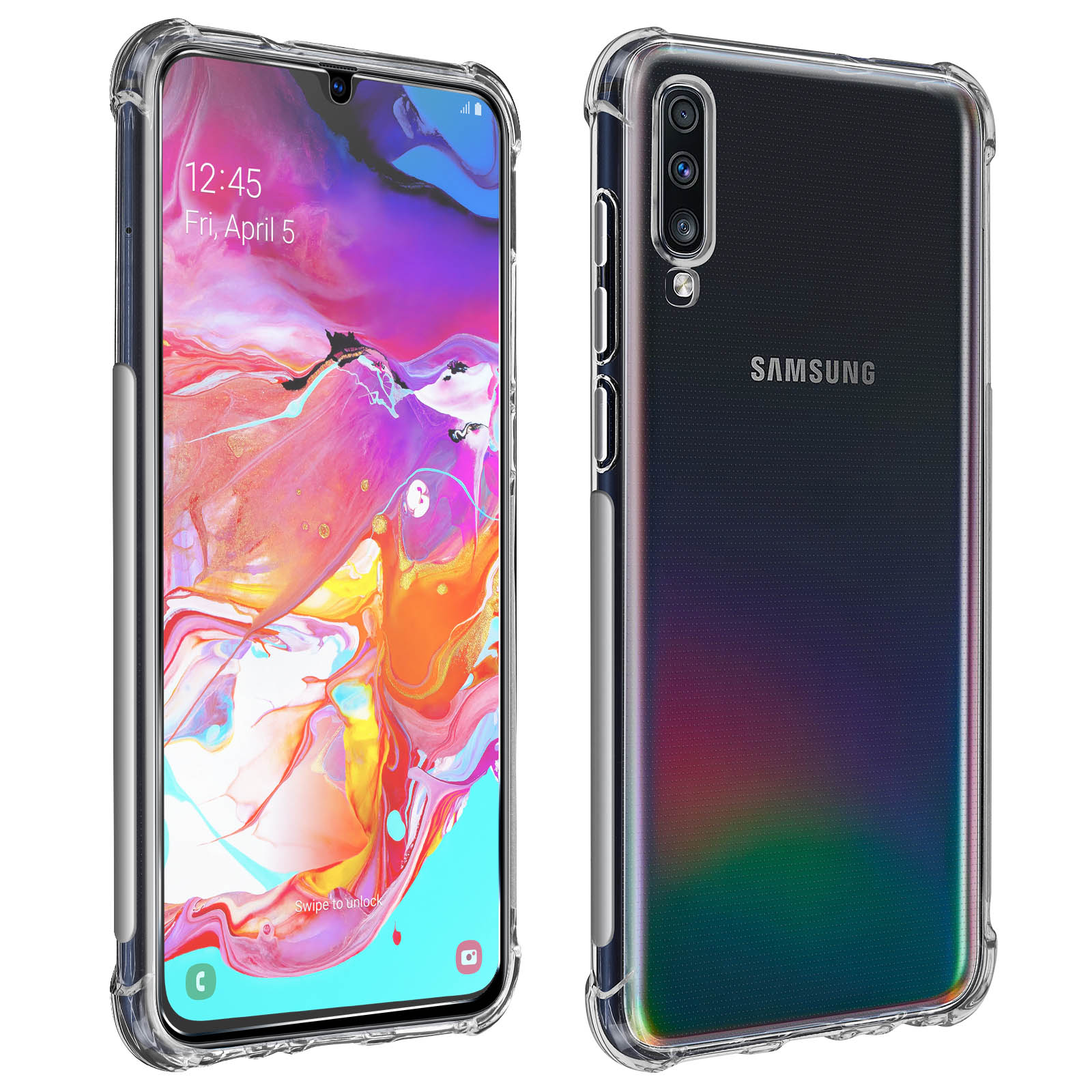 Un telefono Samsung in una custodia trasparente, che mostra la parte anteriore e posteriore. La parte anteriore mostra le 12:45.