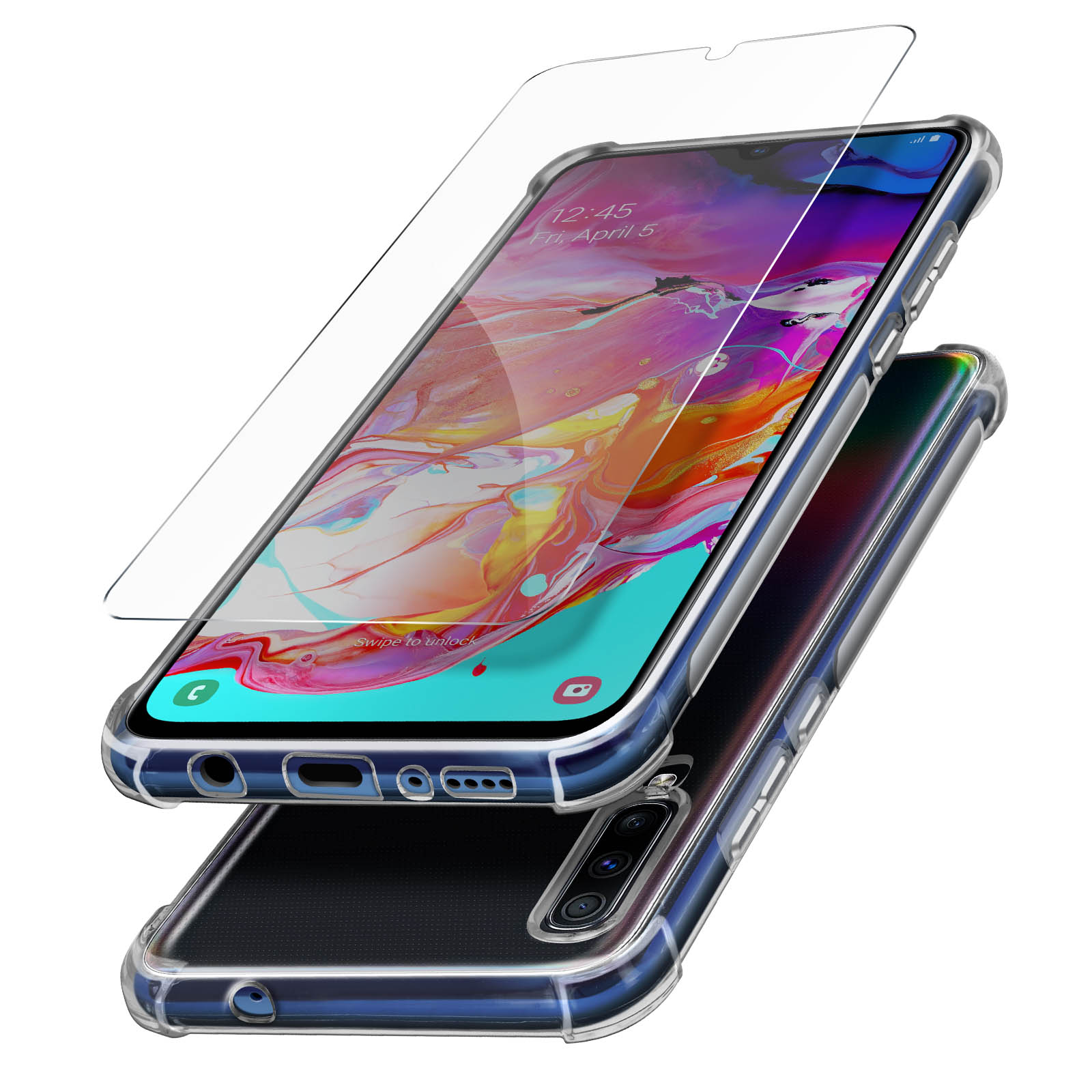 Schermo di smartphone con protezione e custodia. Lo schermo mostra l'ora e ha una custodia trasparente.