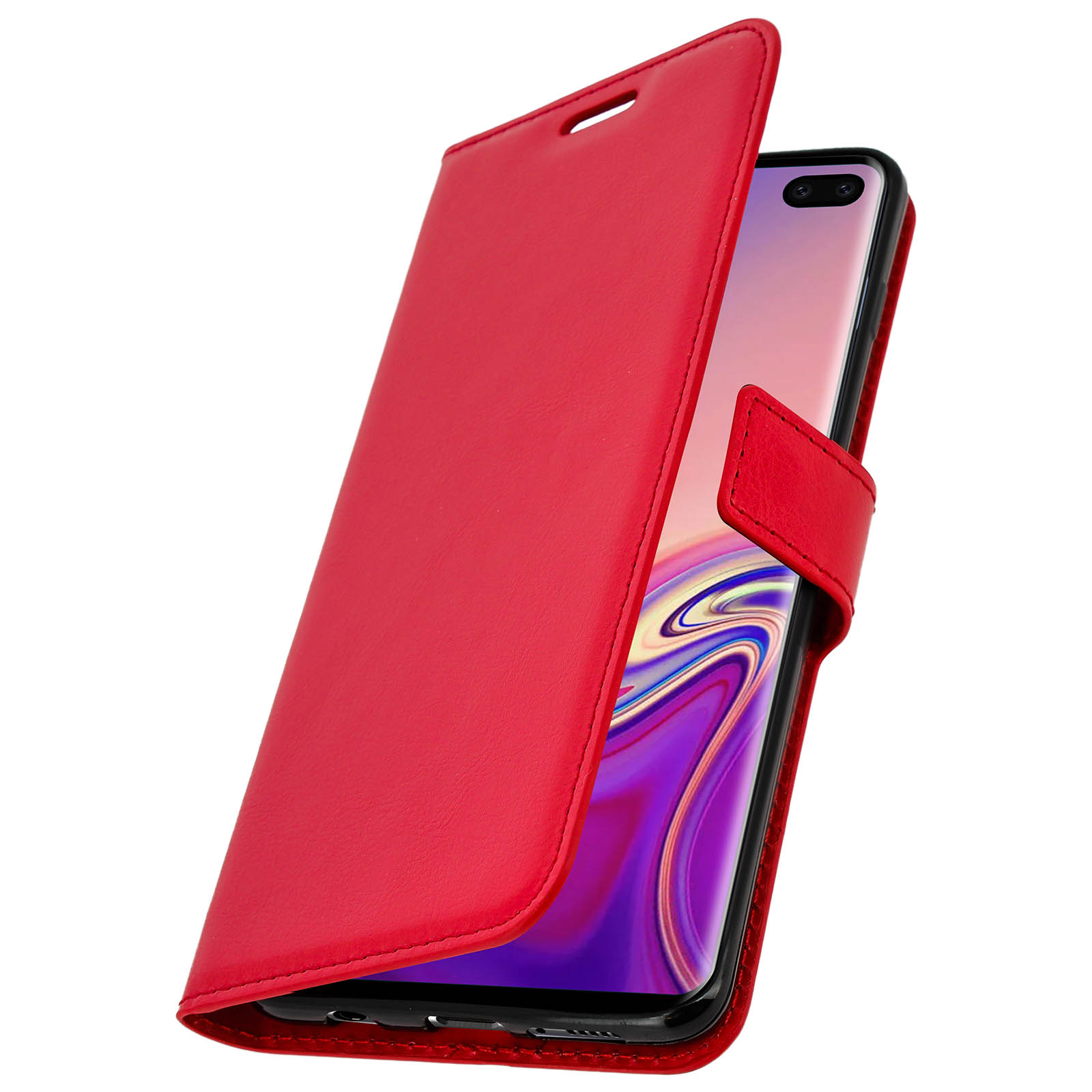 Custodia per telefono rossa aperta, che rivela un telefono. La custodia avvolge il telefono e ha una chiusura magnetica.