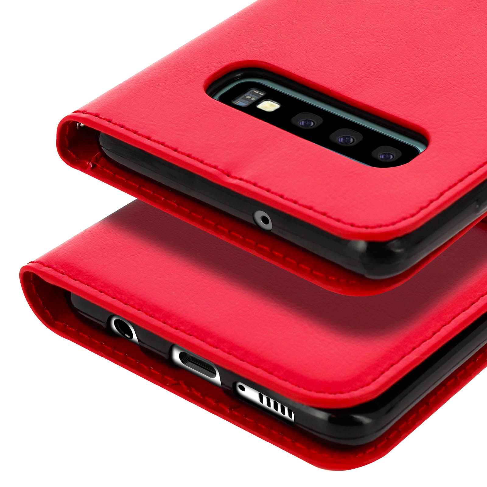 Custodia per telefono rossa con telefono all'interno. La custodia è rossa e ha un ritaglio per la fotocamera.