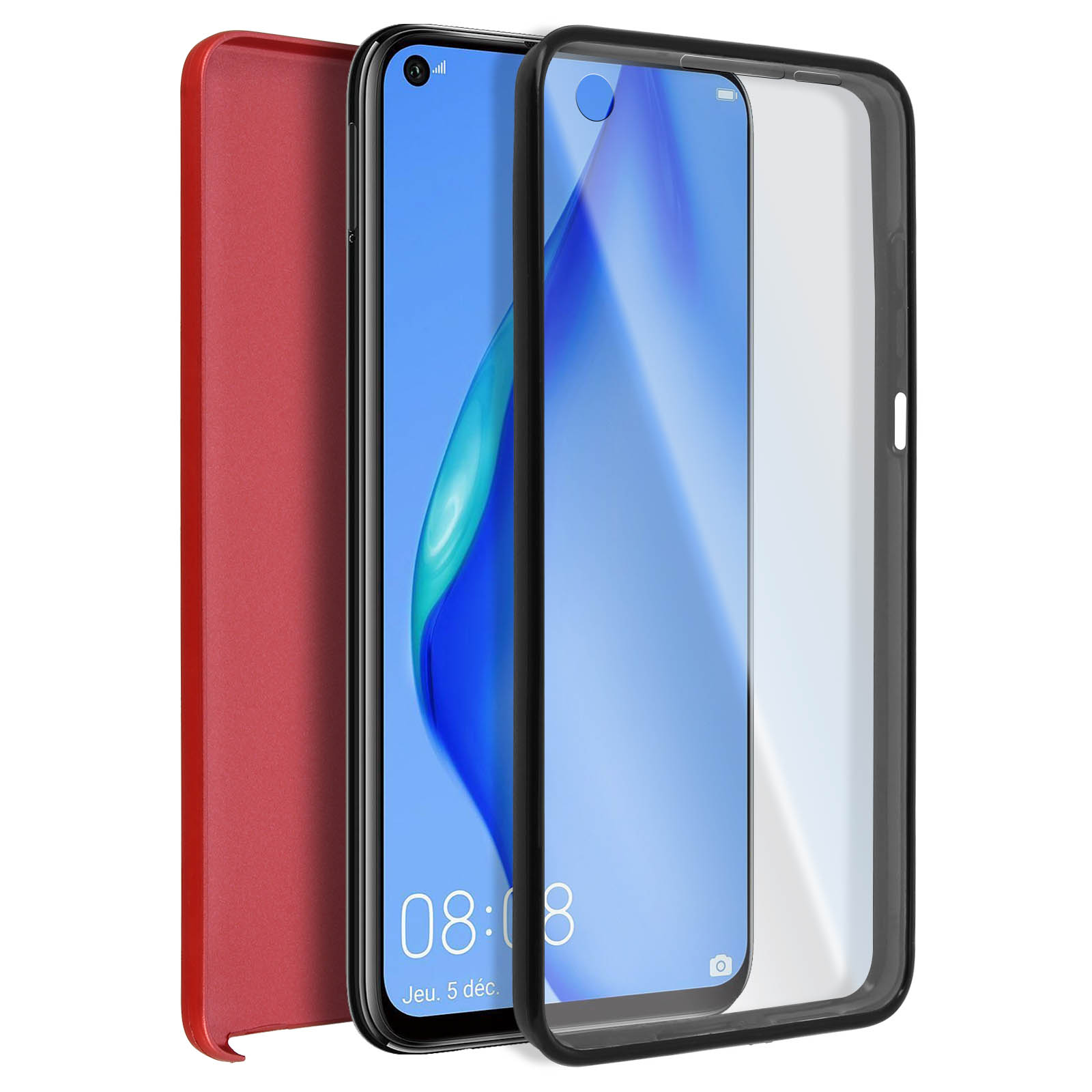 Telefoon met scherm met apps en een beschermhoes. De hoes is zwart en rood.