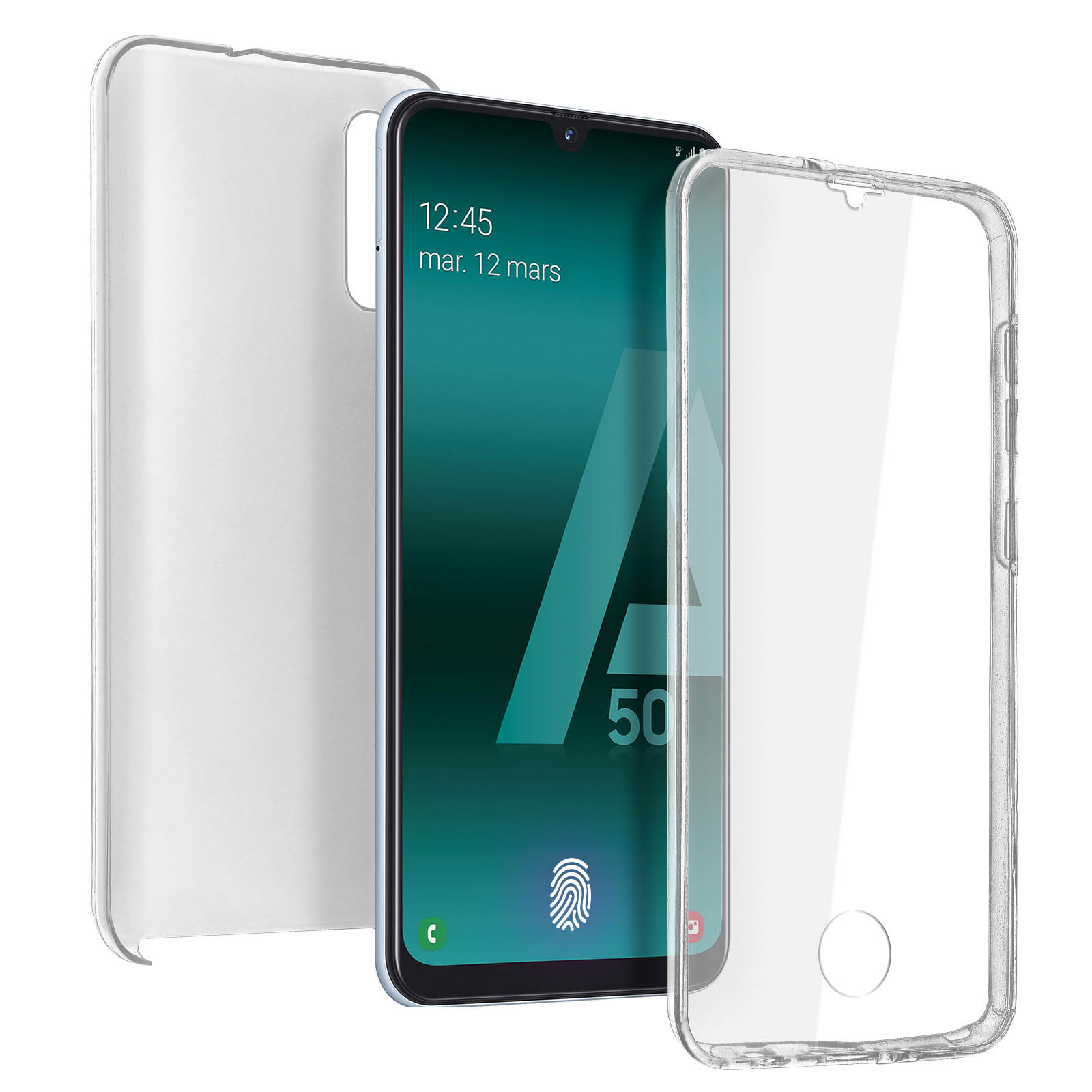 Téléphone avec protecteur d'écran et coque transparente, à côté la coque.