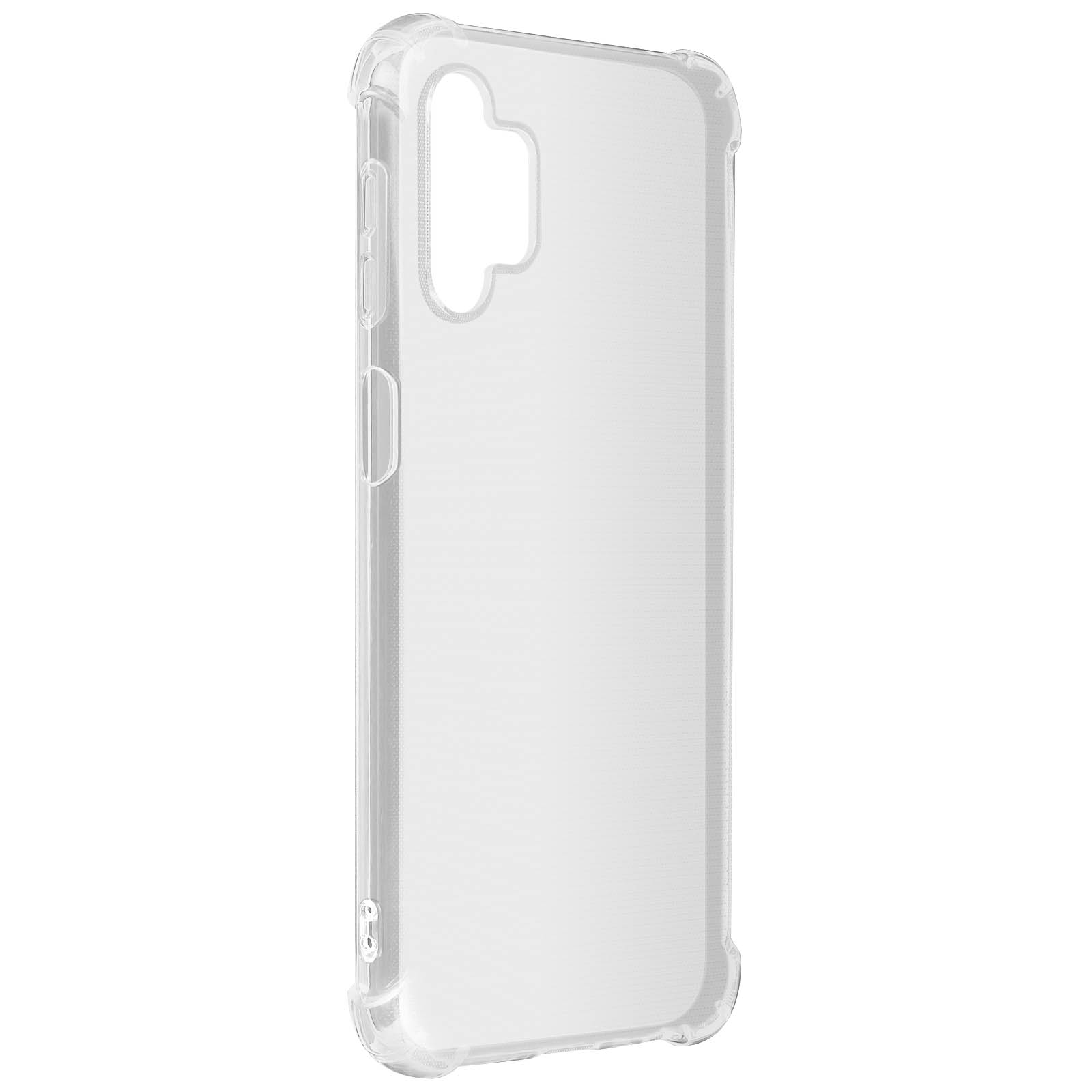 Una custodia trasparente per telefono con fori per pulsanti e fotocamera.
