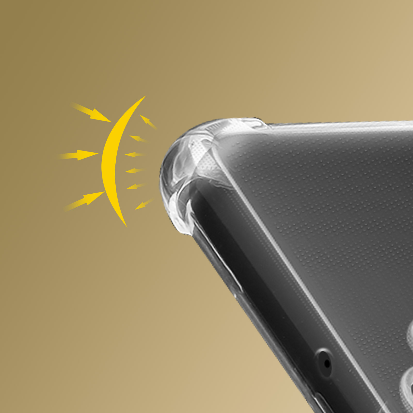 Custodia trasparente per telefono su sfondo dorato, con design giallo a forma di sole.