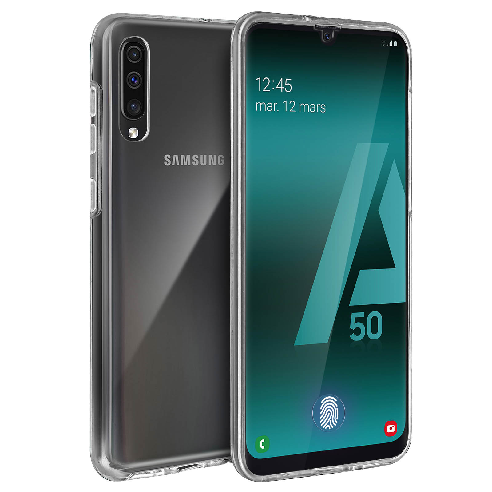 Un téléphone Samsung est dans un étui transparent. L'écran du téléphone affiche la date et l'heure.
