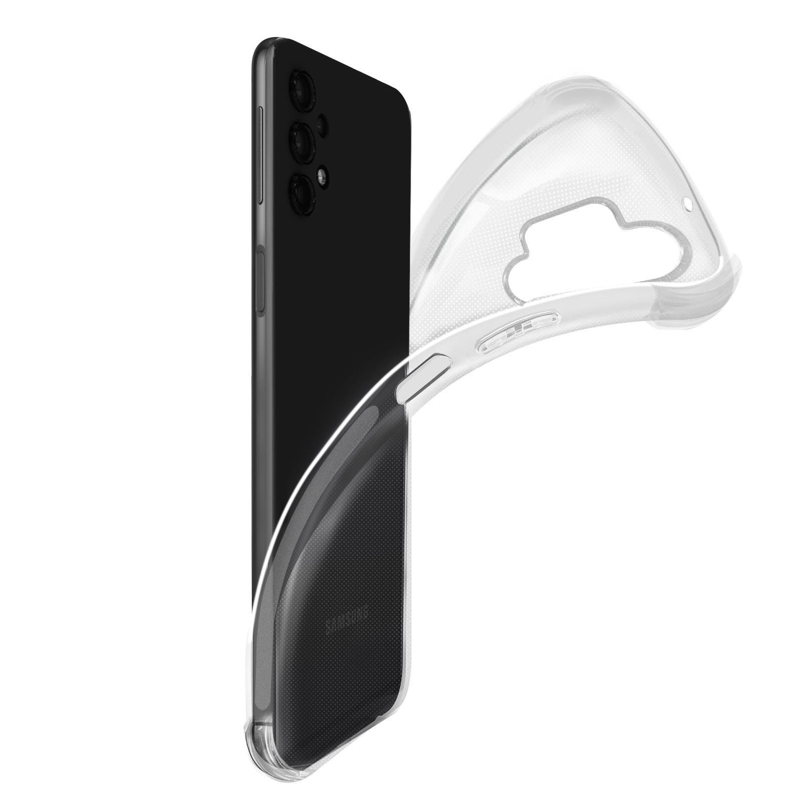 Un telefono nero e una custodia trasparente.