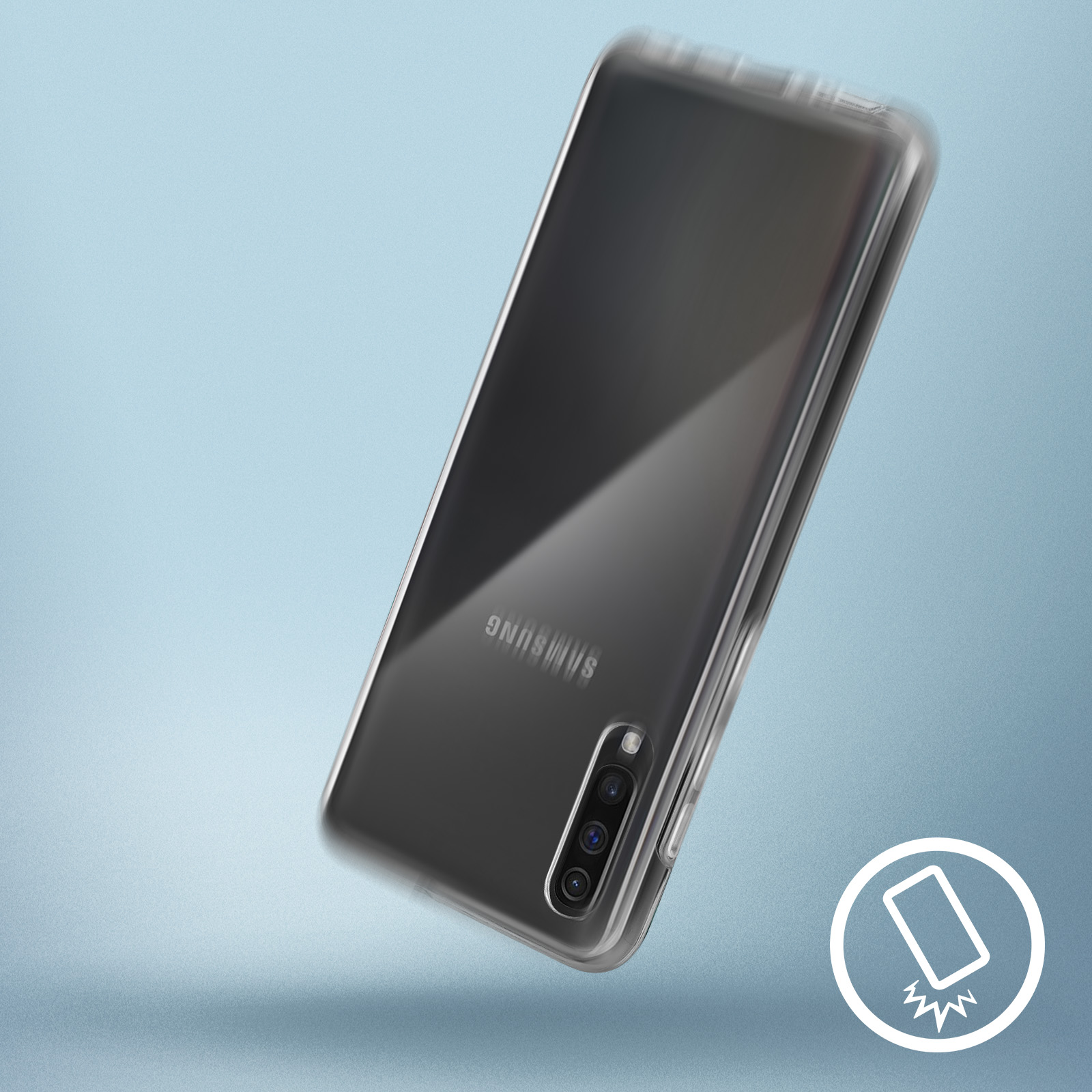 Coque de téléphone transparente avec un téléphone à l'intérieur. Fond bleu. Icône de protection dans le coin droit.