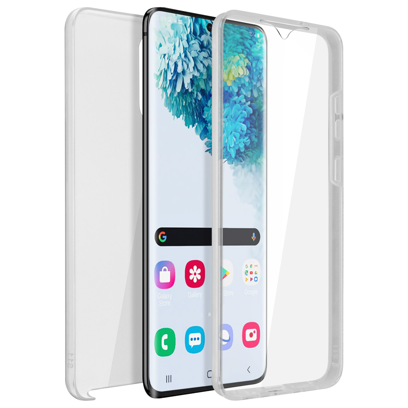 Uno smartphone con una custodia trasparente. Lo schermo mostra icone e uno sfondo floreale. Un proteggi schermo separato.