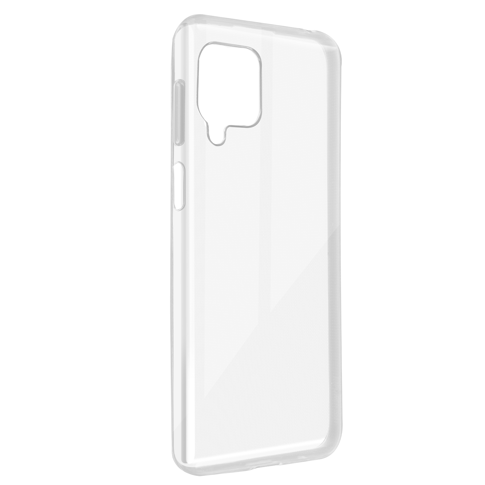 Una custodia trasparente per telefono su sfondo bianco. La custodia è vuota e ha un ritaglio per la fotocamera.