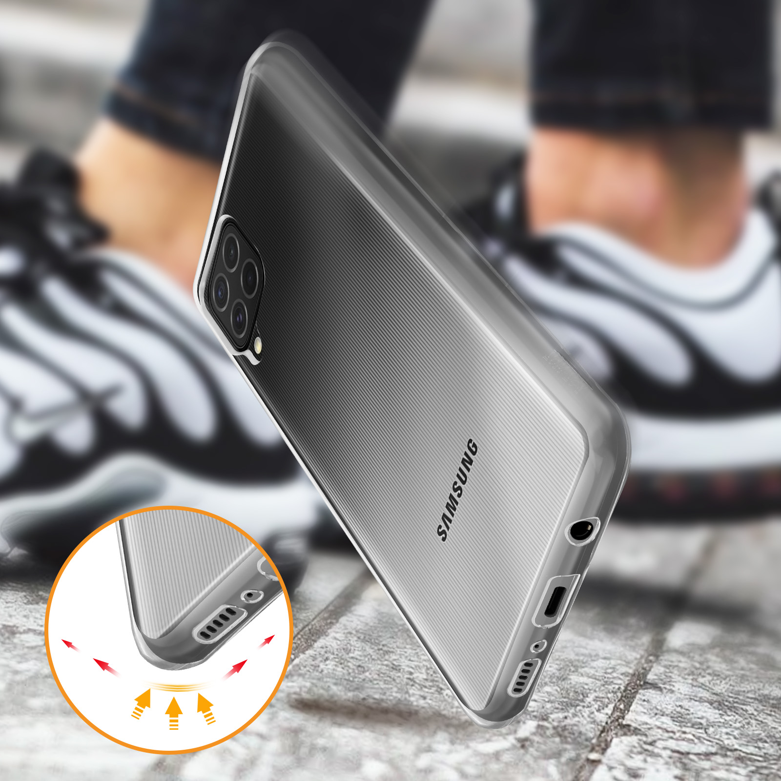 Custodia per telefono con sporgenza per fotocamera. La custodia è trasparente con logo Samsung.