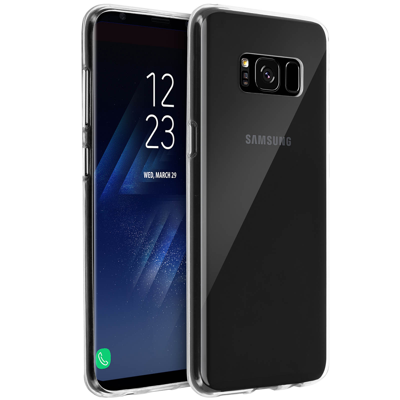 Custodia per telefono con telefono, nero. Il telefono è nero. La custodia è trasparente.
