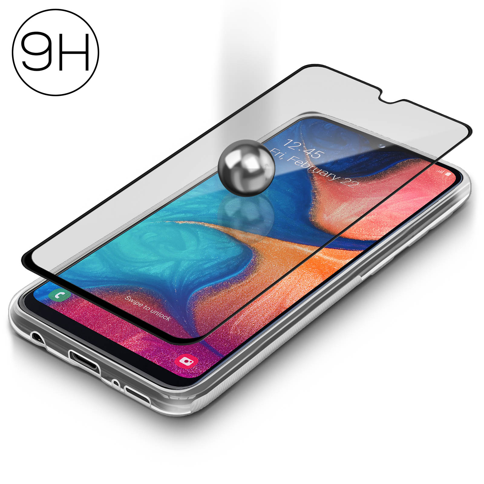 Telefono con protezione schermo e una sfera di metallo sopra. La protezione è trasparente.