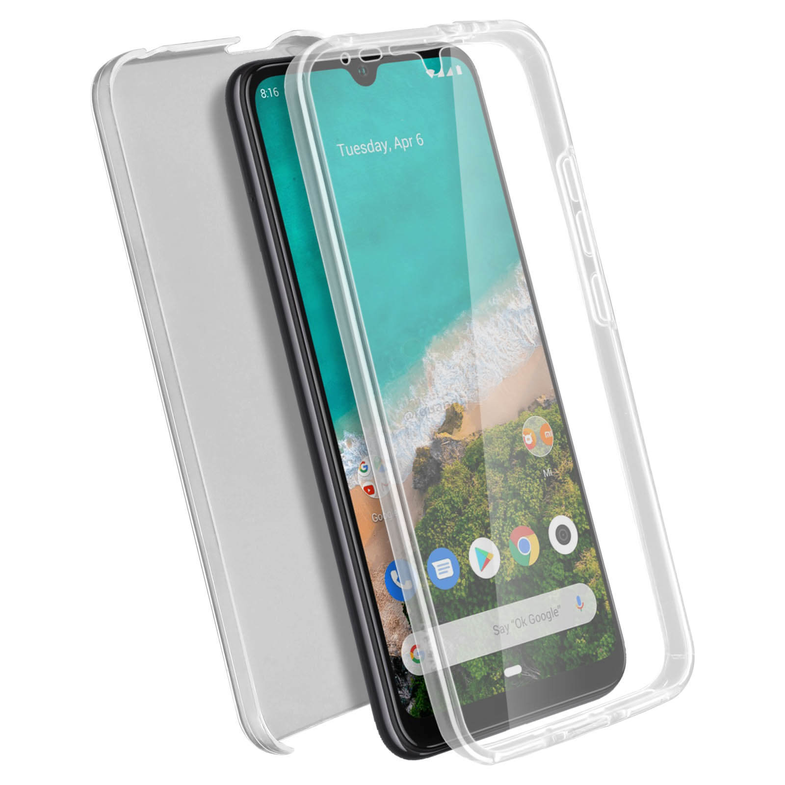 Een telefoon met een hoesje. De telefoon toont een interface. Het hoesje is transparant en een schermbeschermer is zichtbaar.