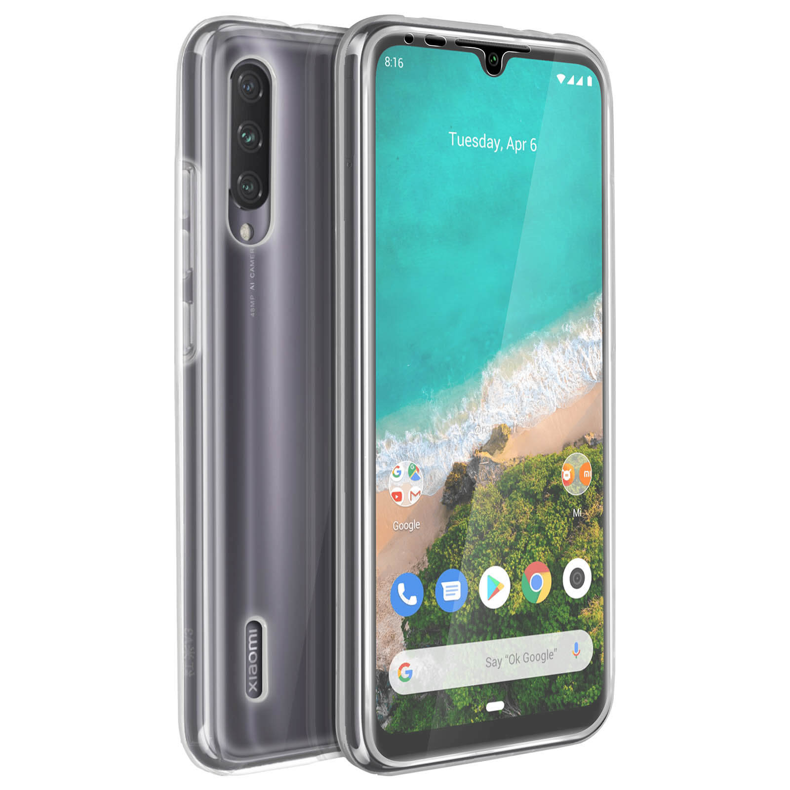 Telefoon in een doorzichtige hoes. De telefoon is zwart met een doorzichtige hoes. Witte achtergrond.