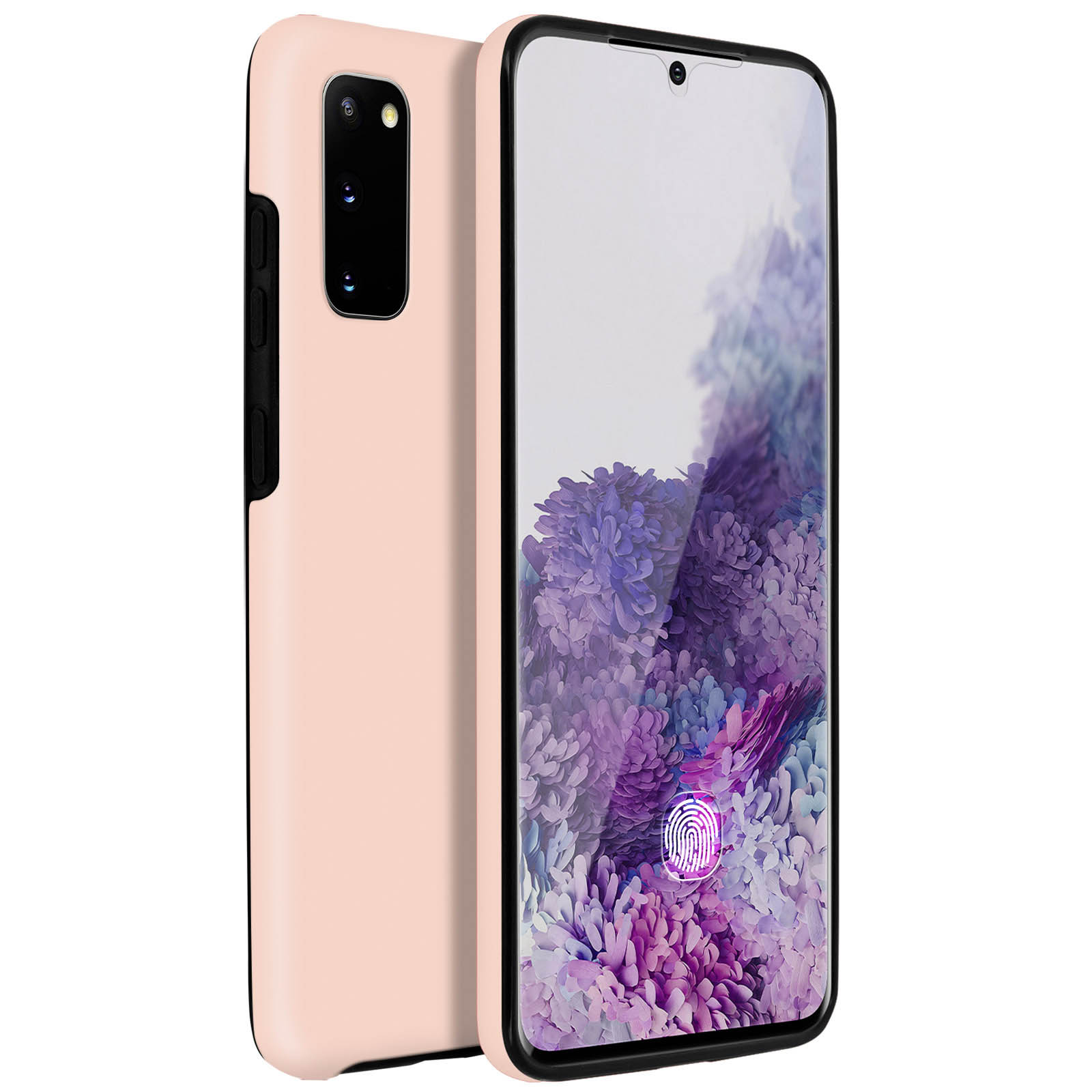 Roze telefoonhoes, twee zijden zichtbaar, op een telefoon met vingerafdruk.