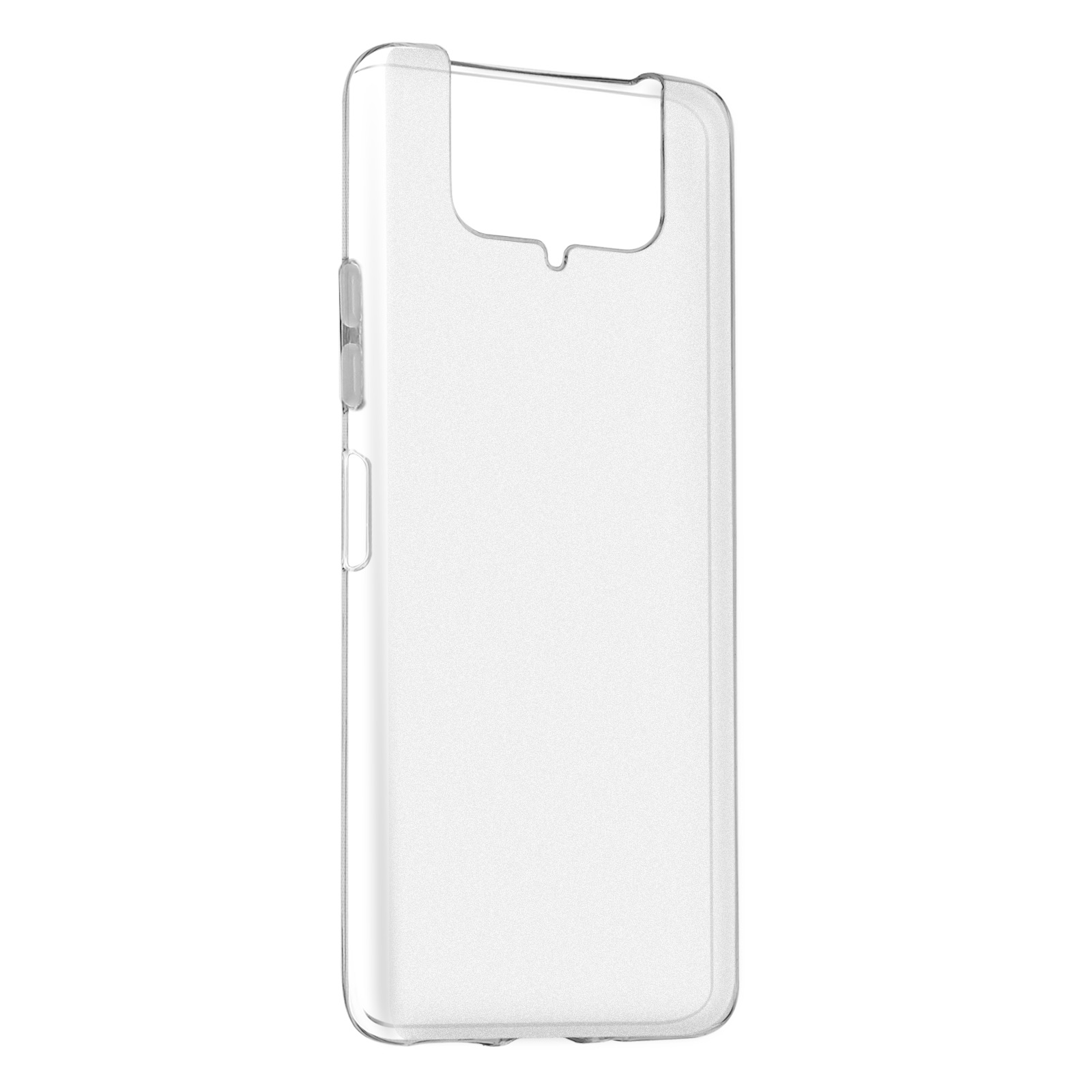 Custodia trasparente con ritagli per fotocamera e pulsanti, sfondo bianco.