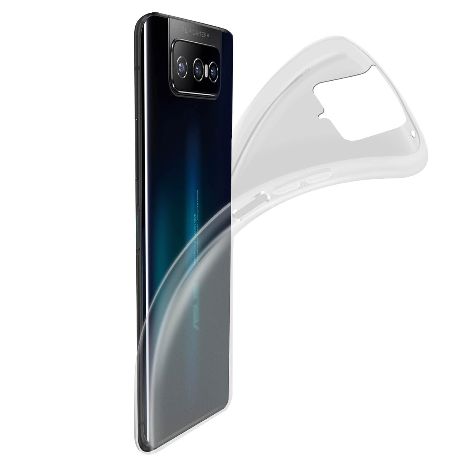 Telefono con custodia trasparente, che mostra la fotocamera. Il telefono è su sfondo bianco.