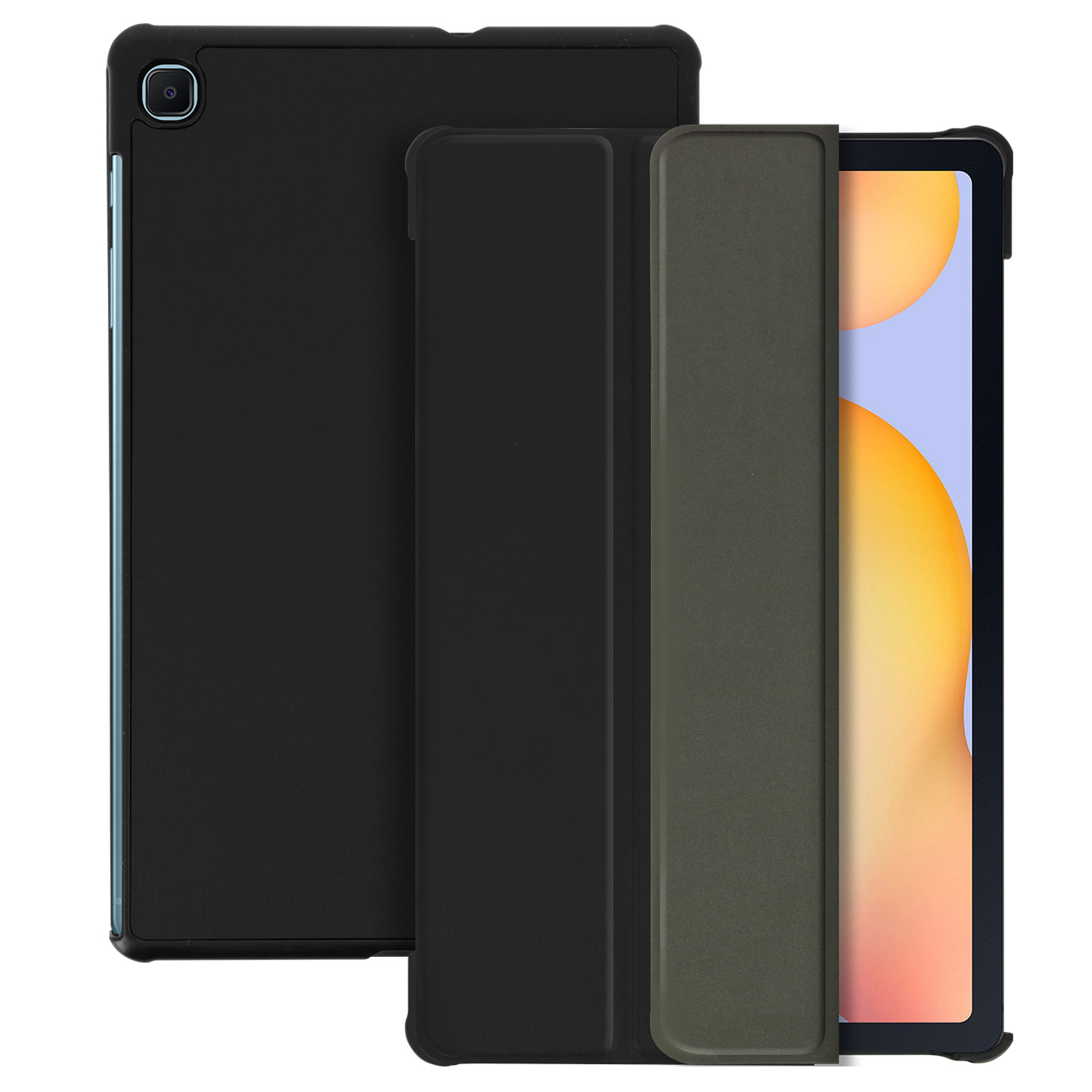 Tablet nero con cover e custodia. Tablet e cover sono neri, la custodia è verde.