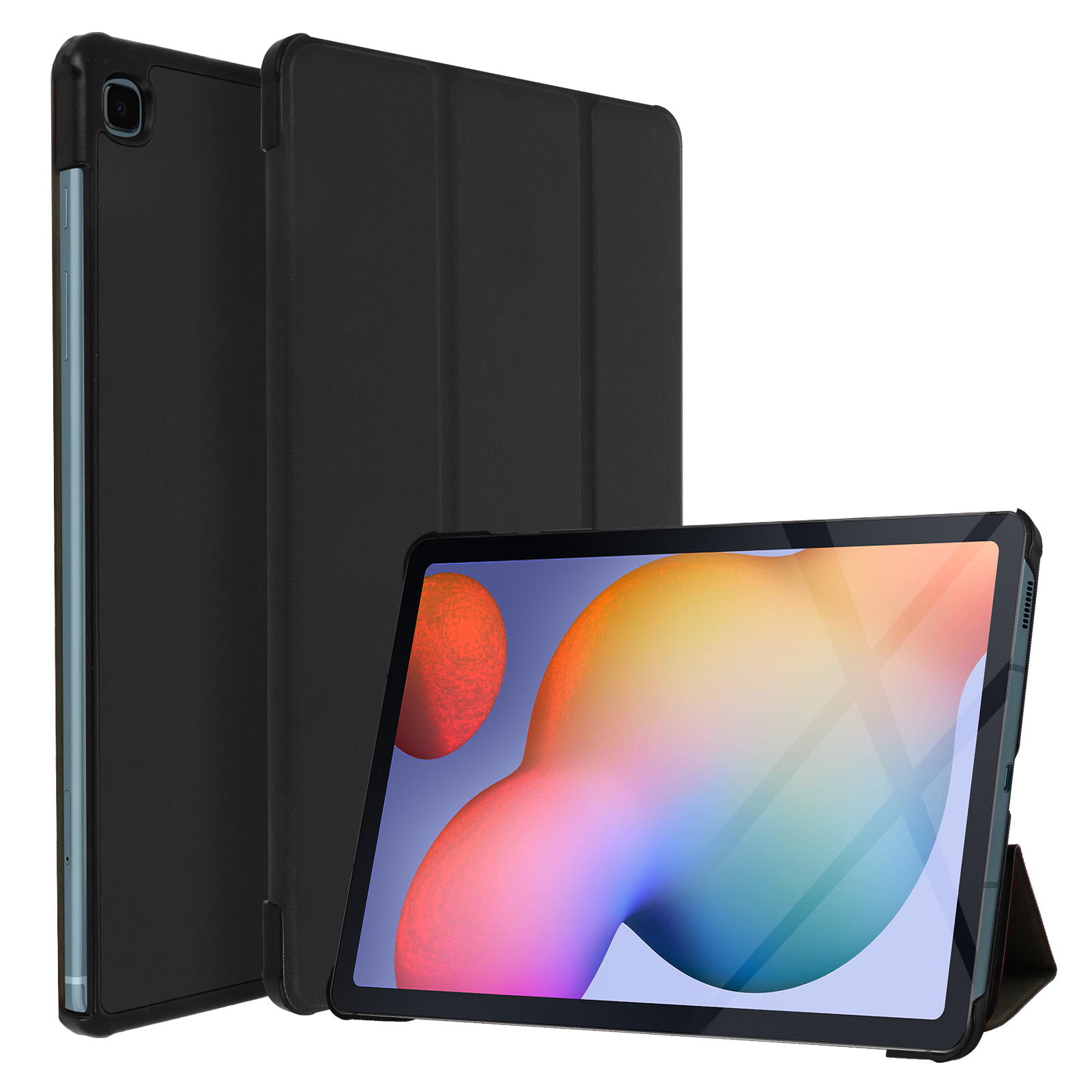 Un tablet nero in una custodia, con un tablet di lato. Sfondo bianco.