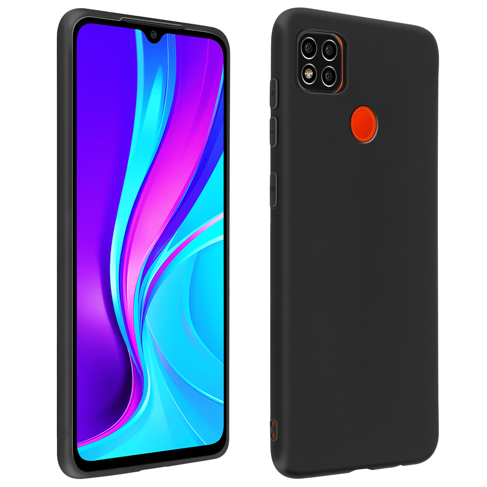 Custodia nera per telefono con fori per fotocamera e pulsanti. Il telefono è nero con anello fotocamera arancione.