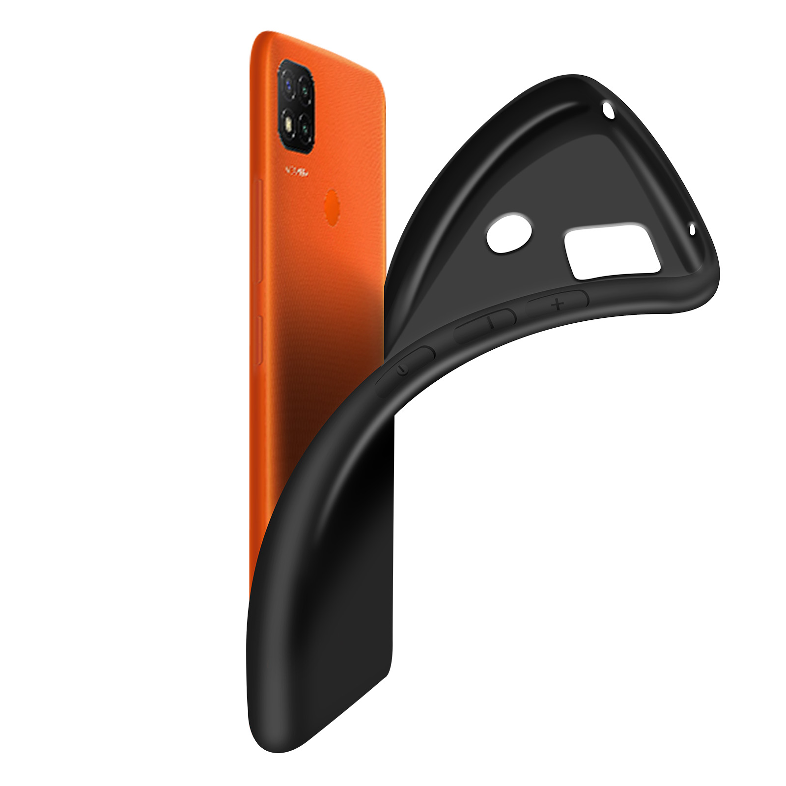 Custodia per telefono nera con un telefono arancione visibile all'interno, piegata per mostrare l'interno.
