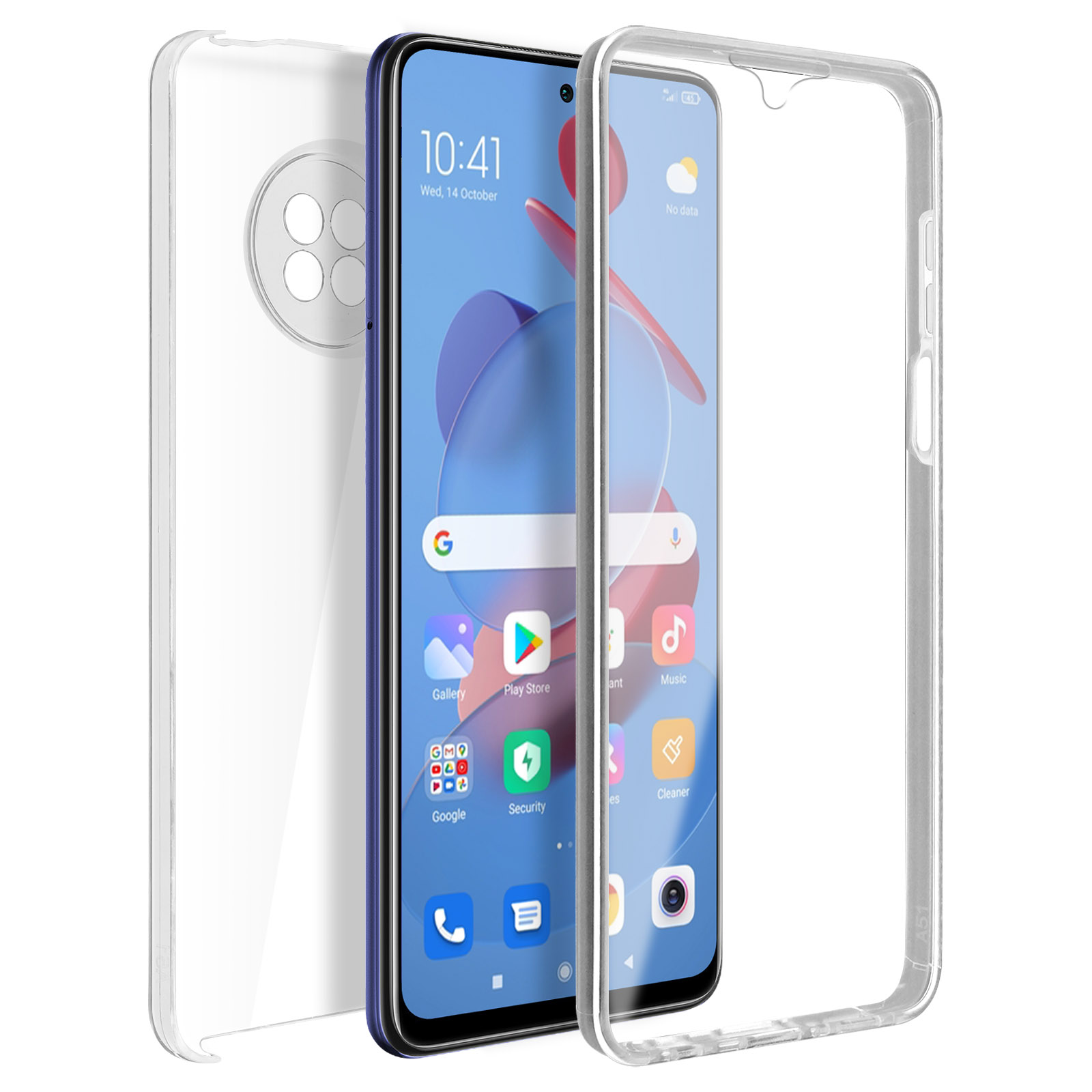 Un telefono in una custodia trasparente, con lo schermo che mostra le icone delle app. Una custodia trasparente a lato.