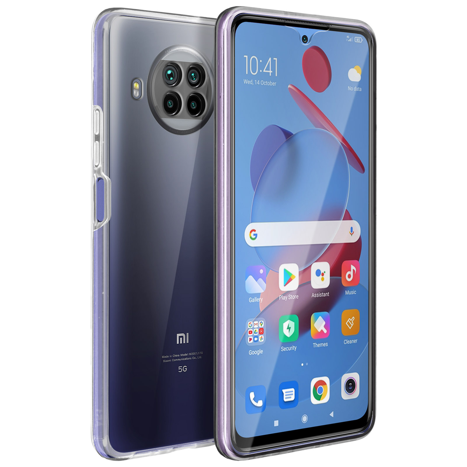 Smartphone con custodia trasparente, con icone sullo schermo e configurazione a doppia fotocamera.