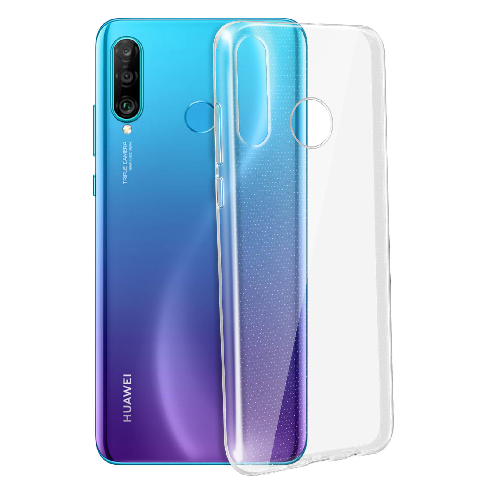 Telefono blu e viola con custodia trasparente. Telefono su una superficie bianca.