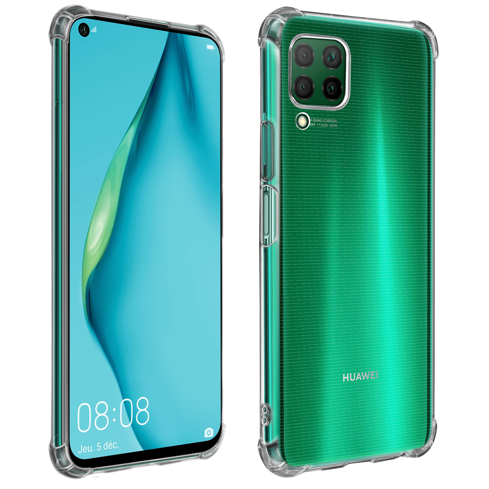 Smartphone con custodia trasparente. Retro verde, schermo a sinistra. Bordi trasparenti. Data e ora sullo schermo.