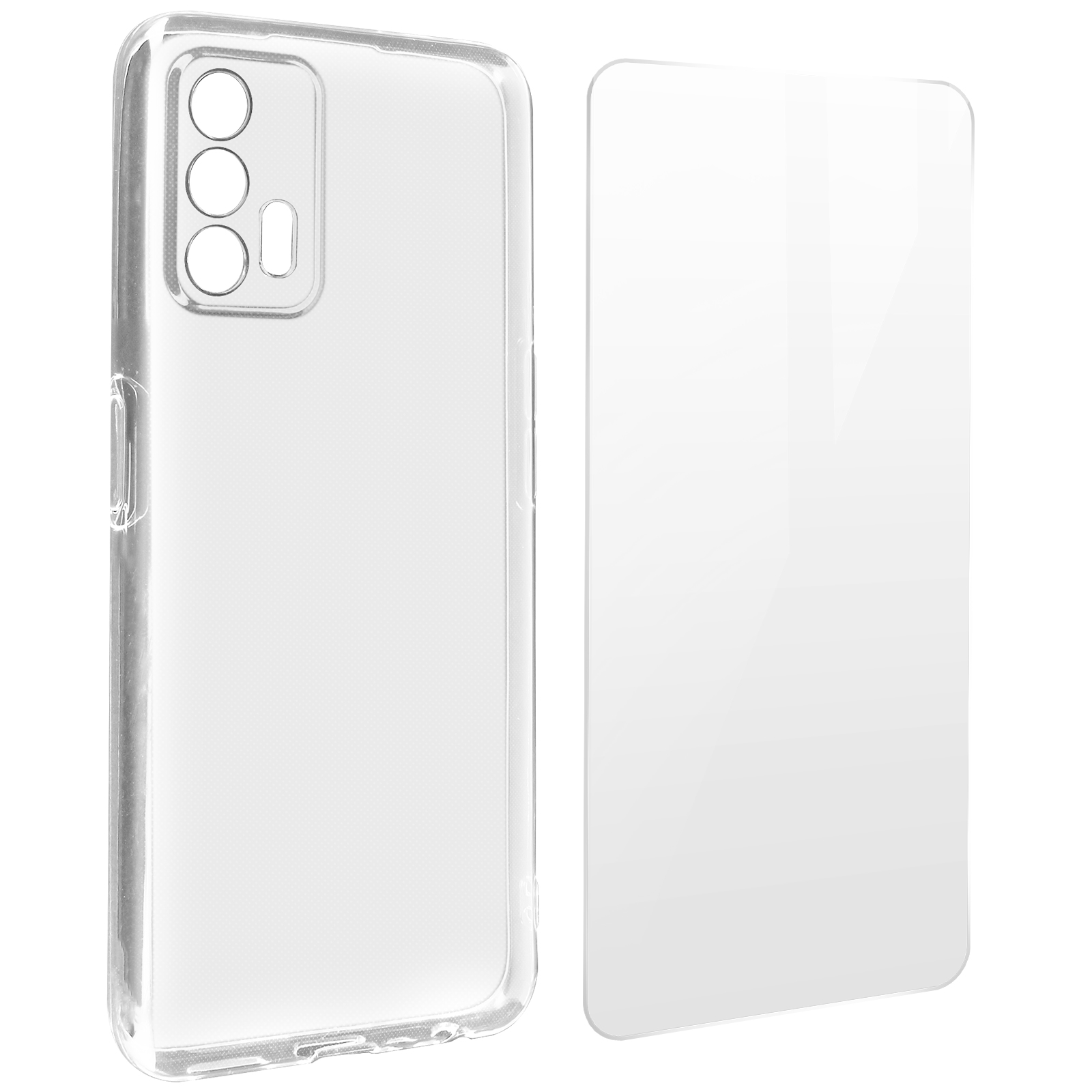 Transparente Handyhülle und Displayschutzfolie. Hülle links, Schutzfolie rechts.