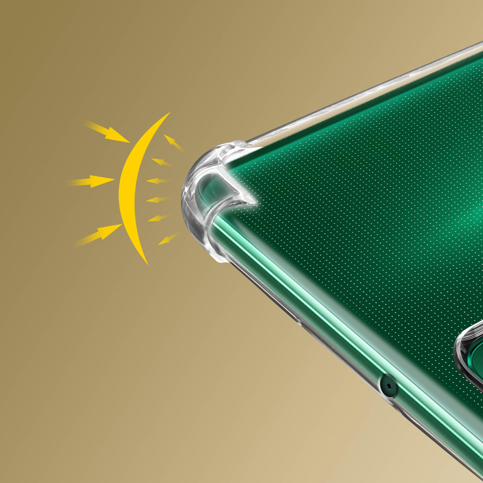 Una custodia per telefono con un telefono verde. La custodia ha un protezione angolare con raggi gialli.