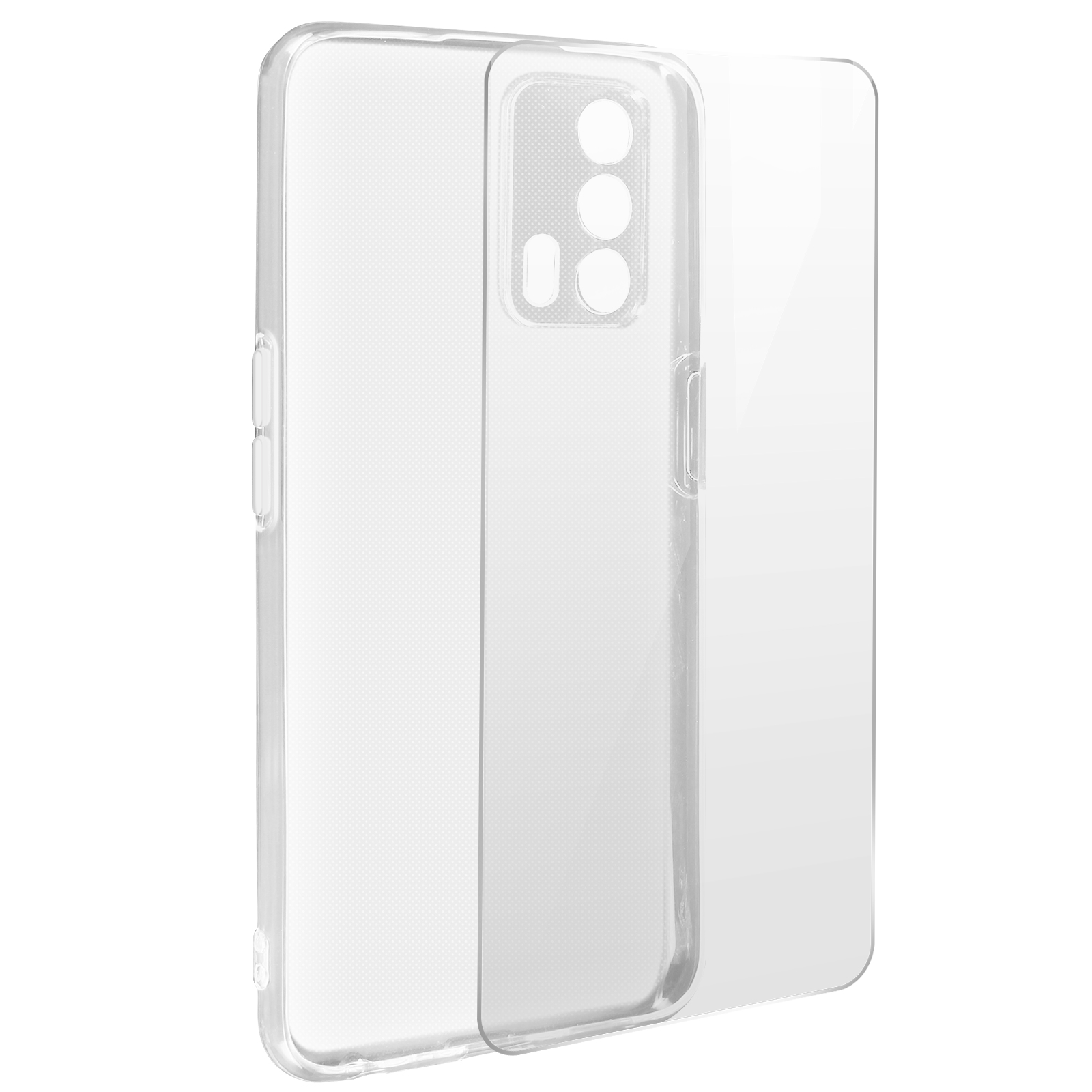 Transparente Handyhülle mit sichtbaren Kameraausschnitten, auf weißem Hintergrund.