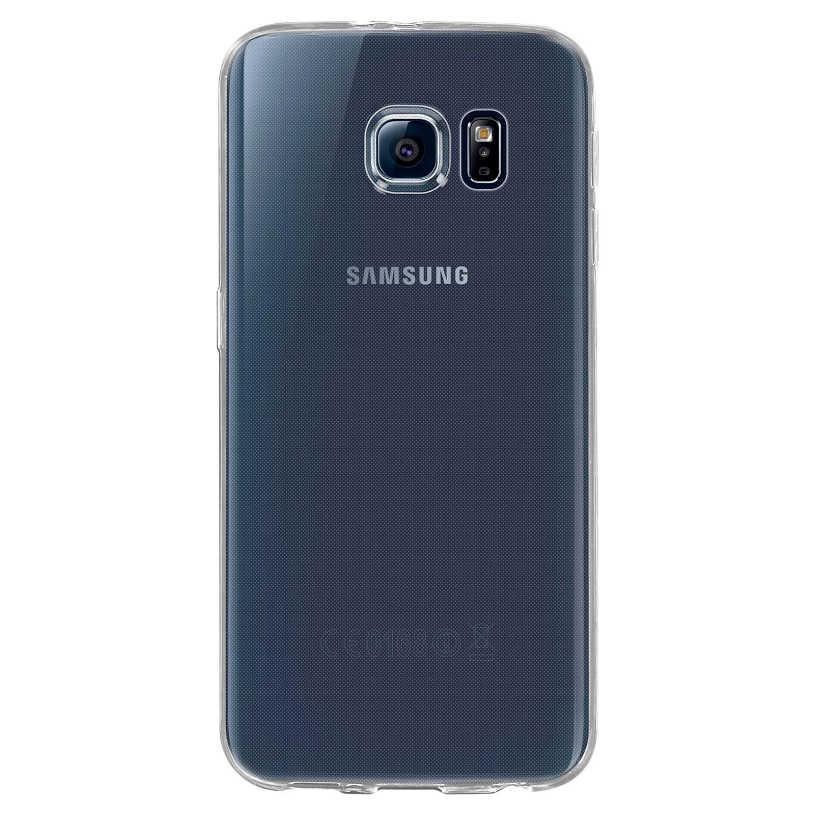 Une coque transparente pour un téléphone Samsung, montrant l'appareil photo et le logo Samsung.