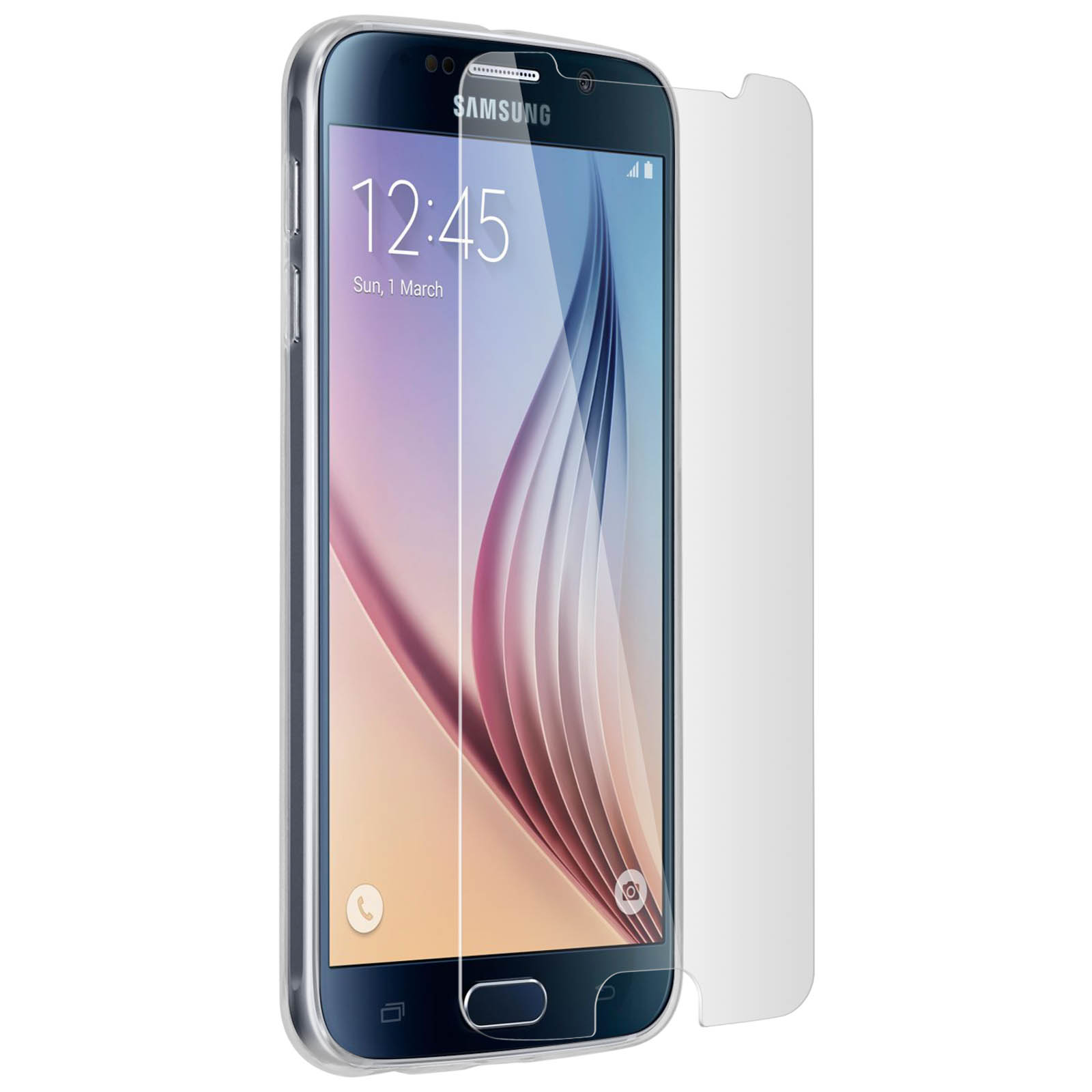 Telefon mit aufgebrachter Displayschutzfolie, neben dem Schutz.