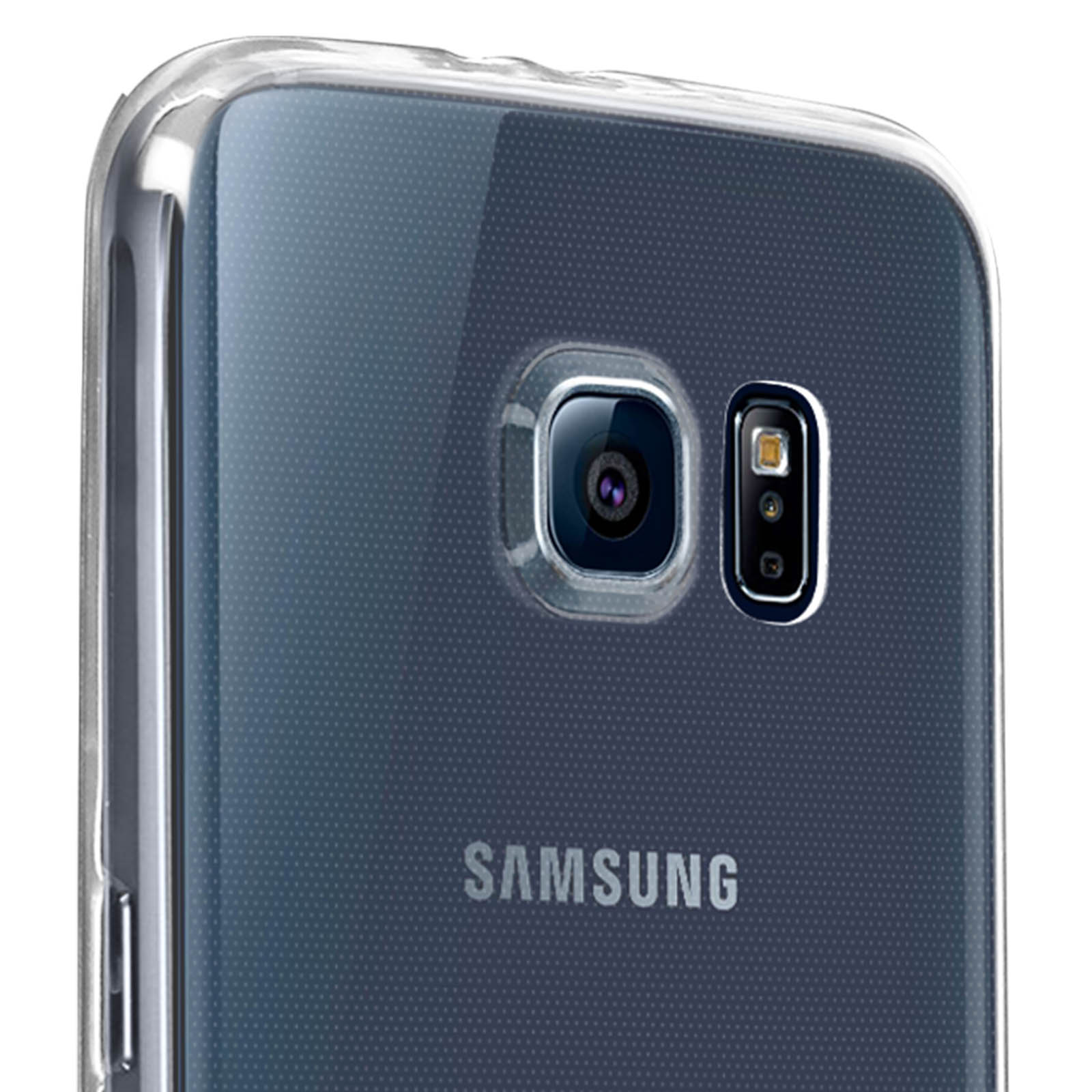 Nahaufnahme eines Telefons mit durchsichtiger Hülle. Das Samsung-Logo ist sichtbar.